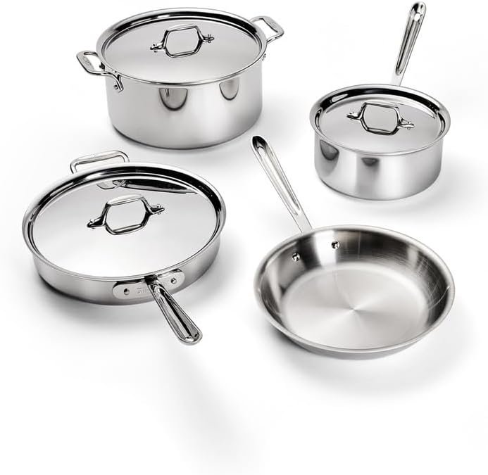 All-Clad D3® Stainless Steel 7 Piece Cookware Set- Made in USA- Includes Frying Pans, Saucepan, Sautépan, Stockpot – Professional Grade -Oven Safe & Induction Compatible