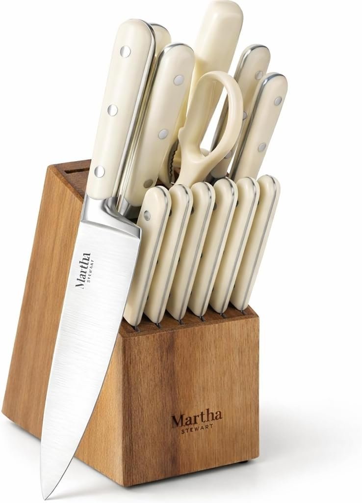 MARTHA STEWART Eastwalk 14 Piece High Carbon Stainless Steel Cutlery Kitchen Knife Block Set w/ABS Triple Riveted Forged Handle Acacia Wood Block – Linen White