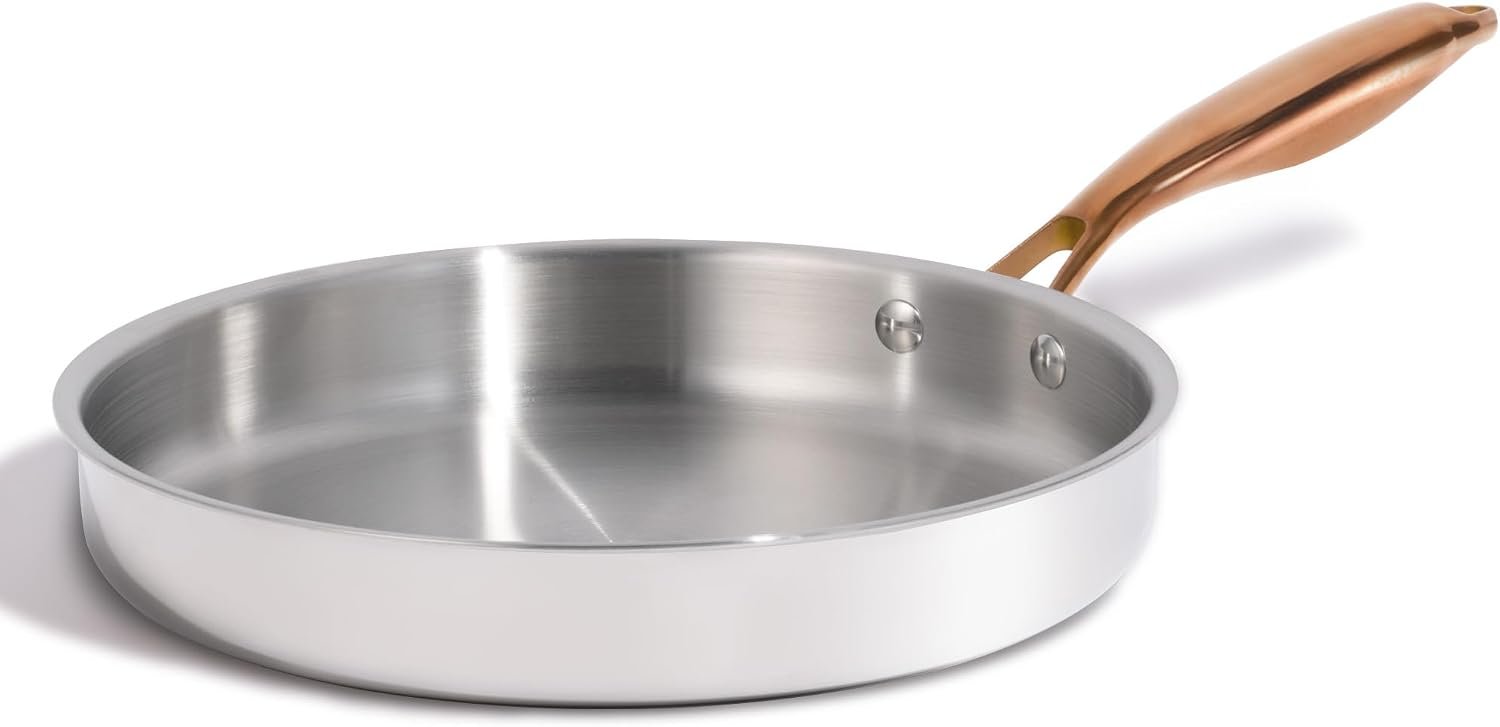 CAROTE 10″ Tri-Ply Stainless Steel Frying Pan, Non-Toxic Egg Pan Omelet Pan, Oven Safe, Induction, Ceramic and Gas Cooktops Compatible, Polished Silver