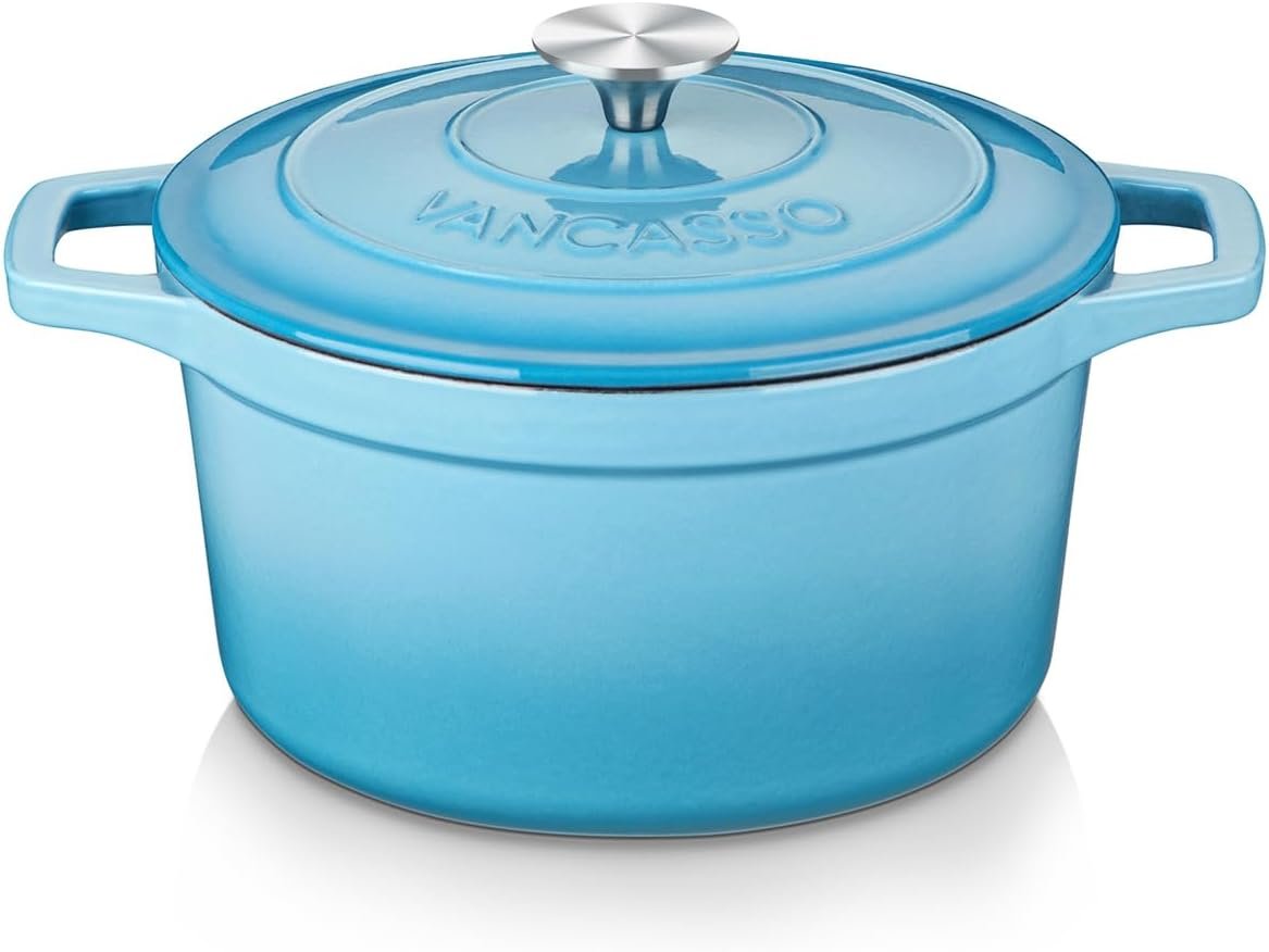 vancasso 2.5 Qt Enameled Cast Iron Dutch Oven with Lid, Blue | Sourdough bread baking, steaming, braising, non-stick enamel, compact design, everyday meals. Small cast iron pot.