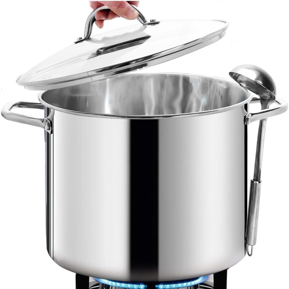 HOMICHEF 16 Quart LARGE Stock Pot with Glass Lid – NICKEL FREE Stainless Steel Healthy Cookware Stockpots with Lids 16 Quart – Mirror Polished Induction Cooking Pot