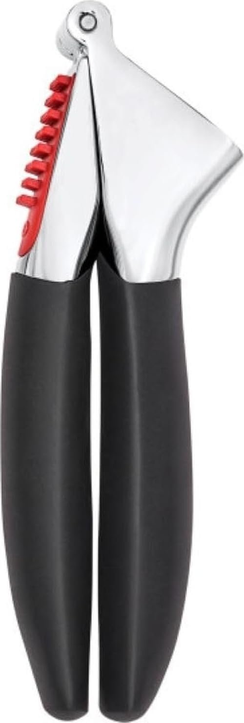 OXO Good Grips Garlic Press, Easy to squeeze & Self Cleaning Tool, Black | Garlic Crusher for Unpeeled Cloves, Soft Non-Slip Handle, Die-Cast Zinc for Durability, Built-in Cleaner, Dishwasher safe