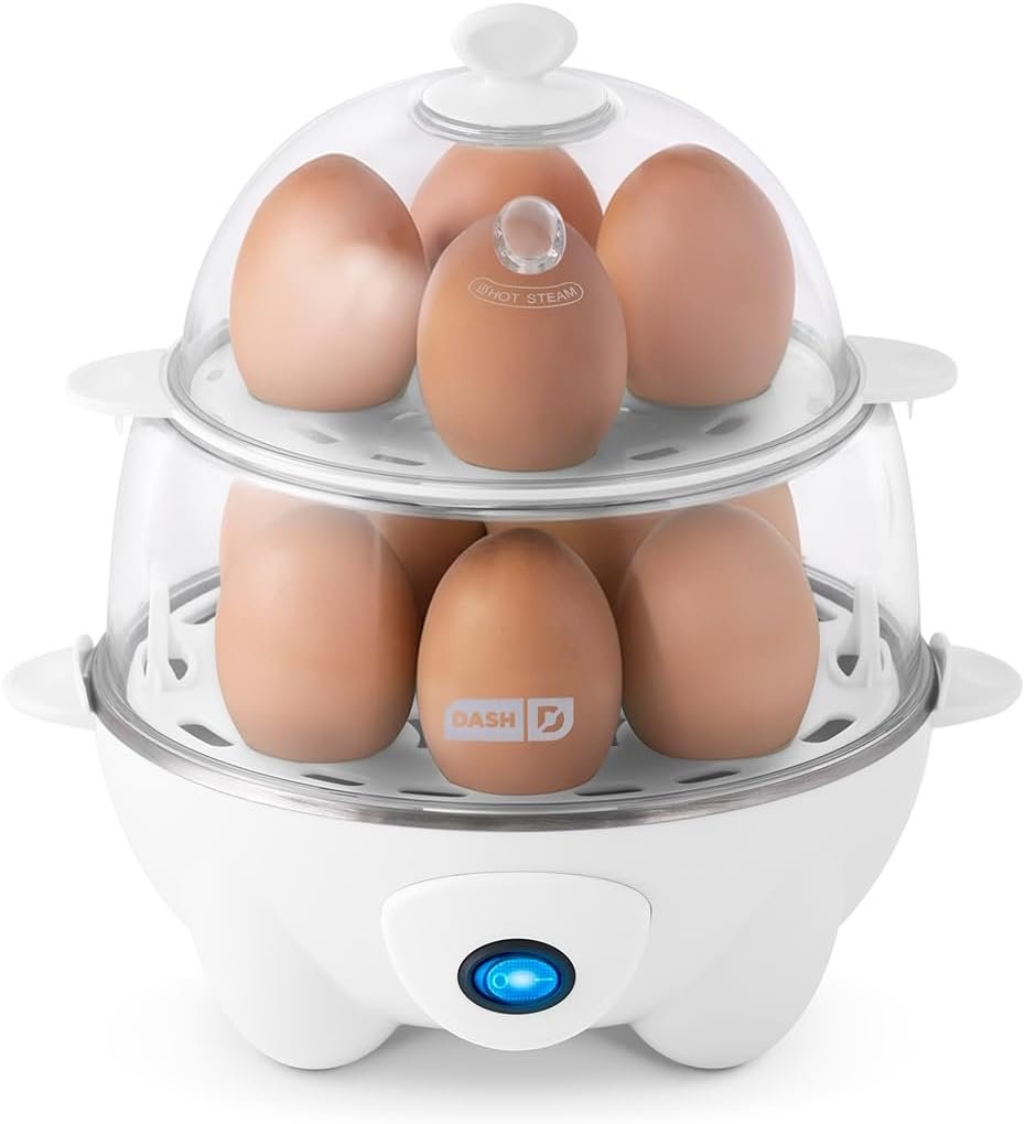 Dash Deluxe Egg Cooker, 12 Hard Boiled Eggs, White | Electric Double Decker Egg Poacher, Steamer & Omelette Maker Machine, Soft or Poached Eggs, Auto Shut-Off, BPA-Free