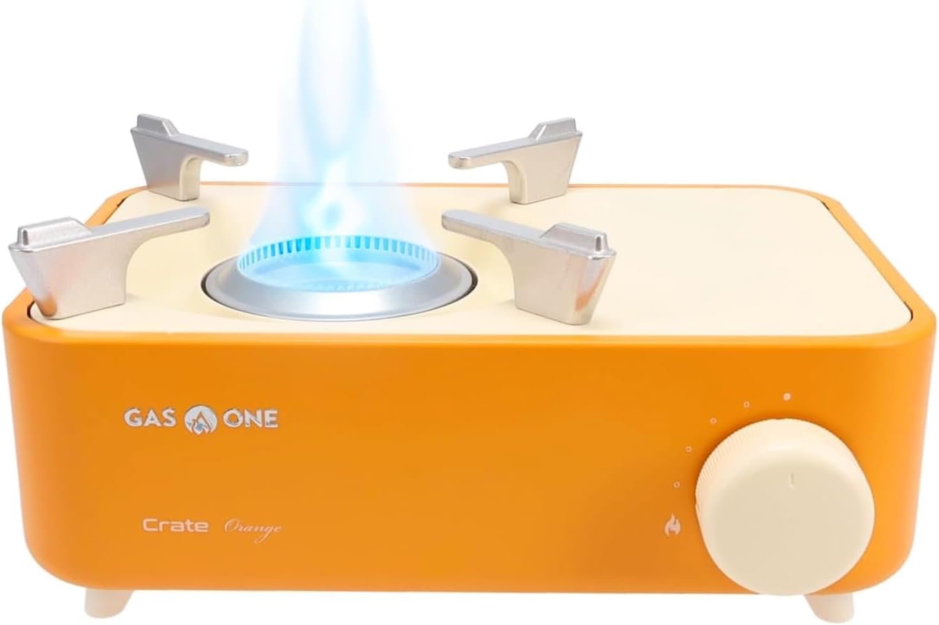 Gas One Butane Fuel Camp Stove – Crate Series – Mini Stove for Camping, Hiking – Portable Gas Stove with Spiral Flame – Even Heat Distribution – Modern and Easy to Use (Orange)