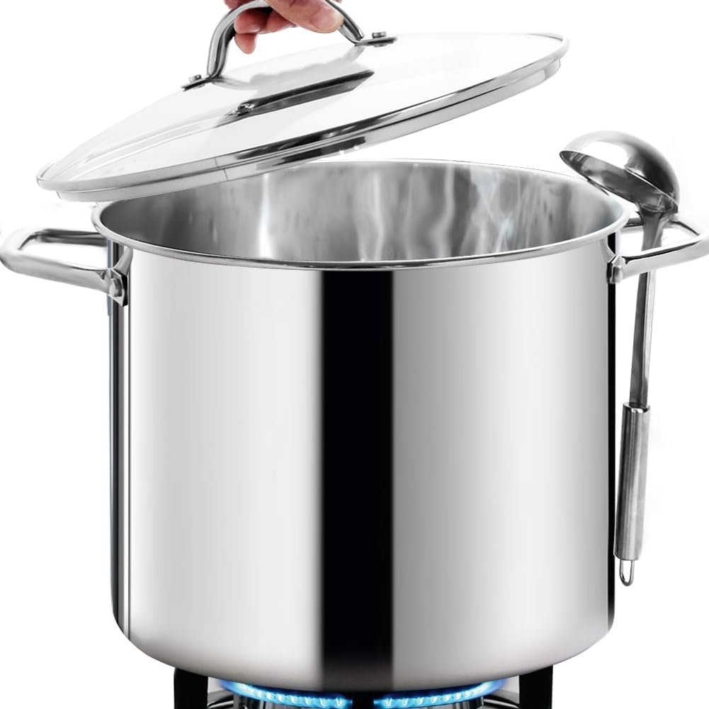 HOMICHEF Commercial Grade LARGE STOCK POT 20 Quart With Lid – Nickel Free Stainless Steel Cookware – Healthy Polished Stockpots – Heavy Duty Induction Soup Pot