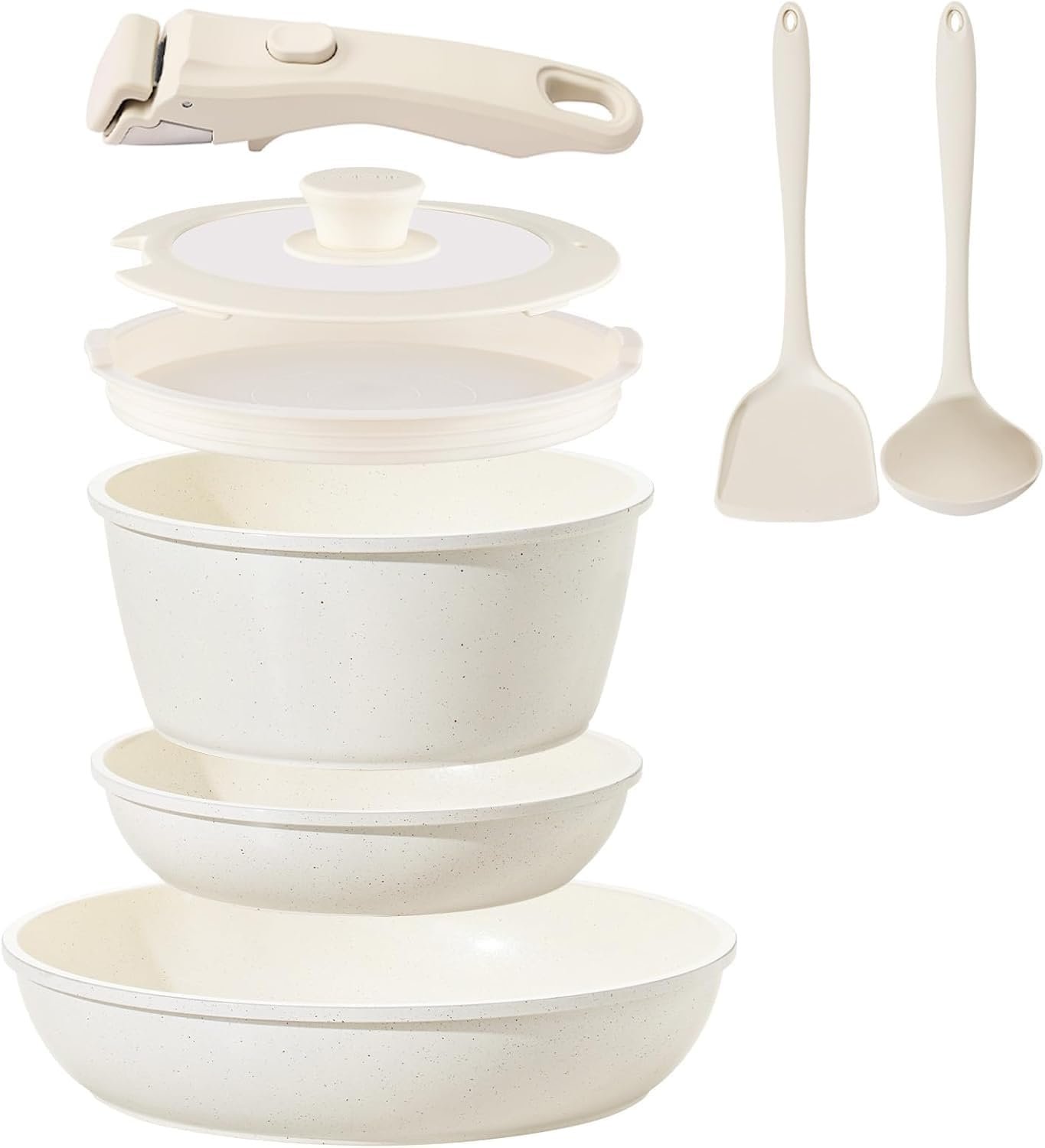 Ceramic Cookware Set Non Stick 8Pcs Pots and Pans Set Detachable Handle Induction Kitchen Cooking Set with Frying Pans Oven Dishwasher Safe, PFAS/PFOA Free, Cream White