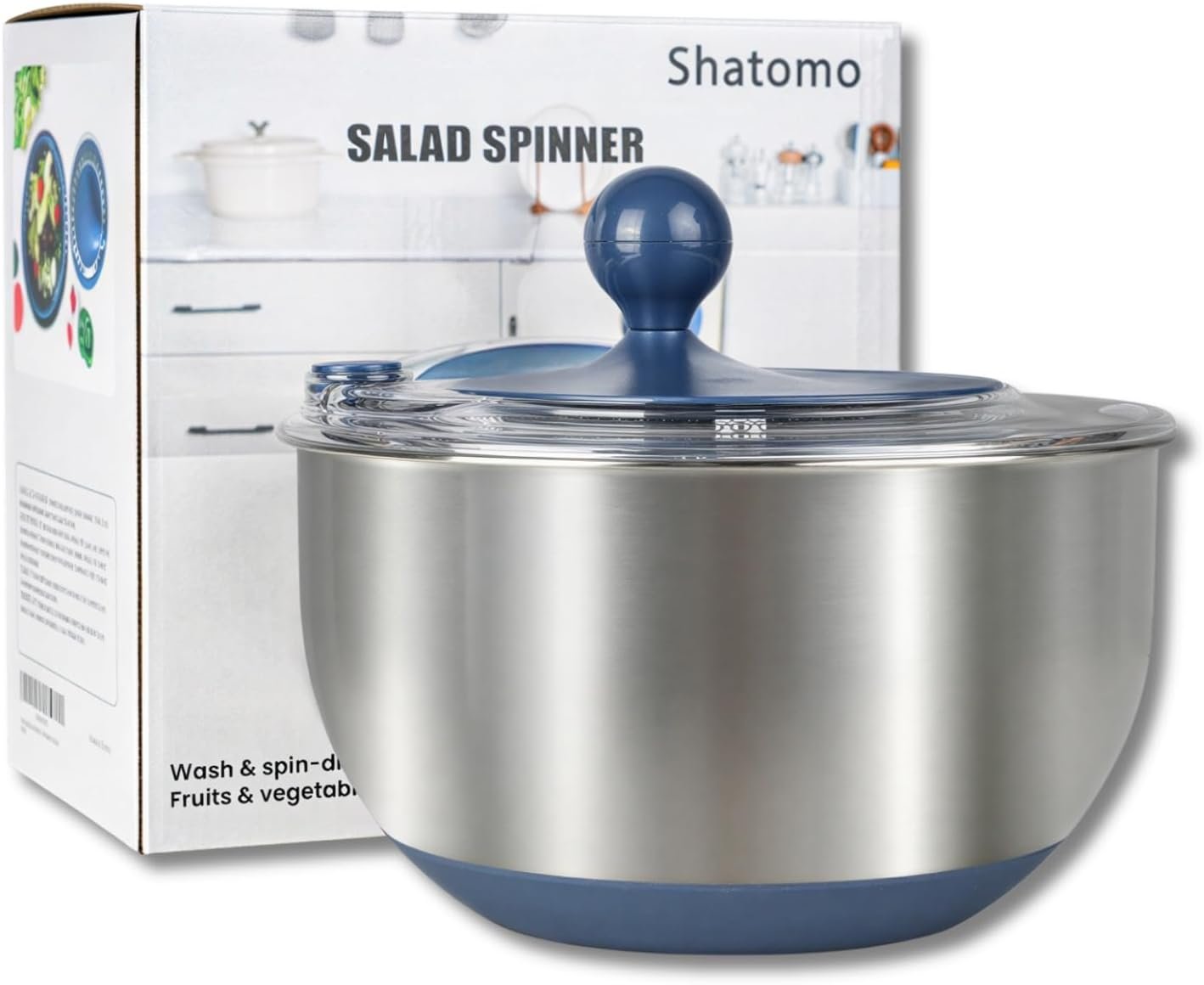 Stainless Steel Salad Spinner, 5.3 Qt Lettuce Spinner with Non-Slip Base, Drain and Stop Button, Fruit and Vegetable Washer and Dryer Spinner, Blue