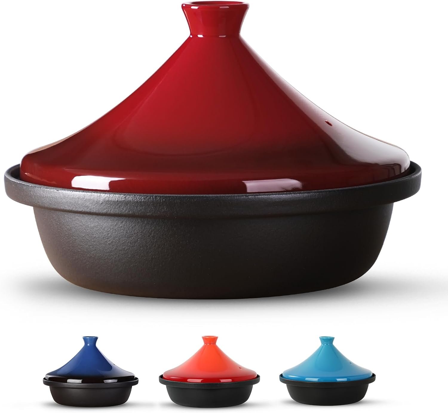 Moroccan Tagine for Cooking: Enameled Cast Iron Cooking Pot, Slow Cooker, Classic Kitchen Cookware, Tajine with Ceramic Cone-Shaped Closed Lid, 3.3 QT, Red