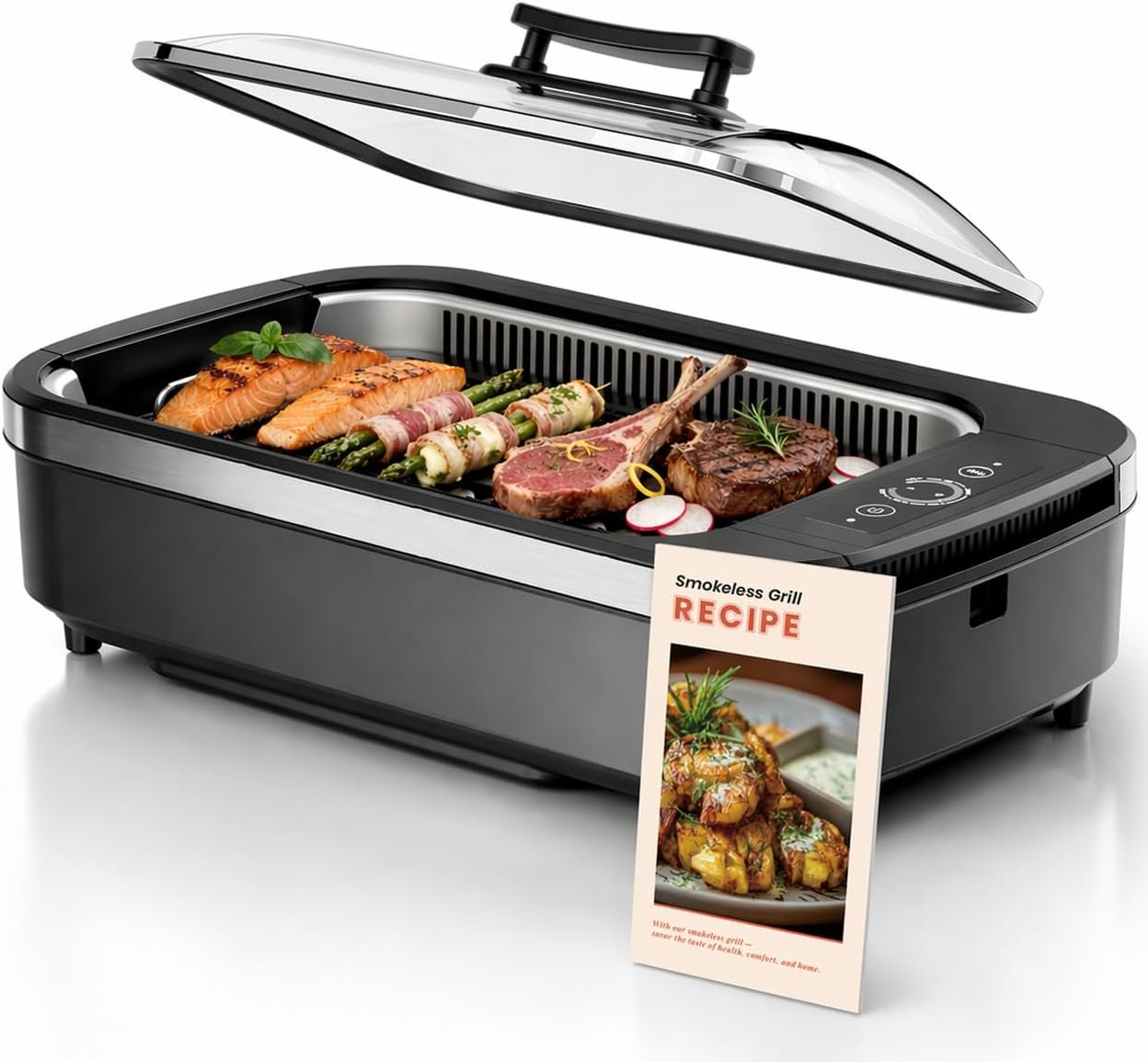 Kismile Smokeless Indoor Grill, 1500W Electric Grill with 6-Level Temp Control, Korean BBQ Grill with Glass Lid, Compact & Portable, Non-Stick Grill Plate, Auto Shut Off & Dishwasher Safe
