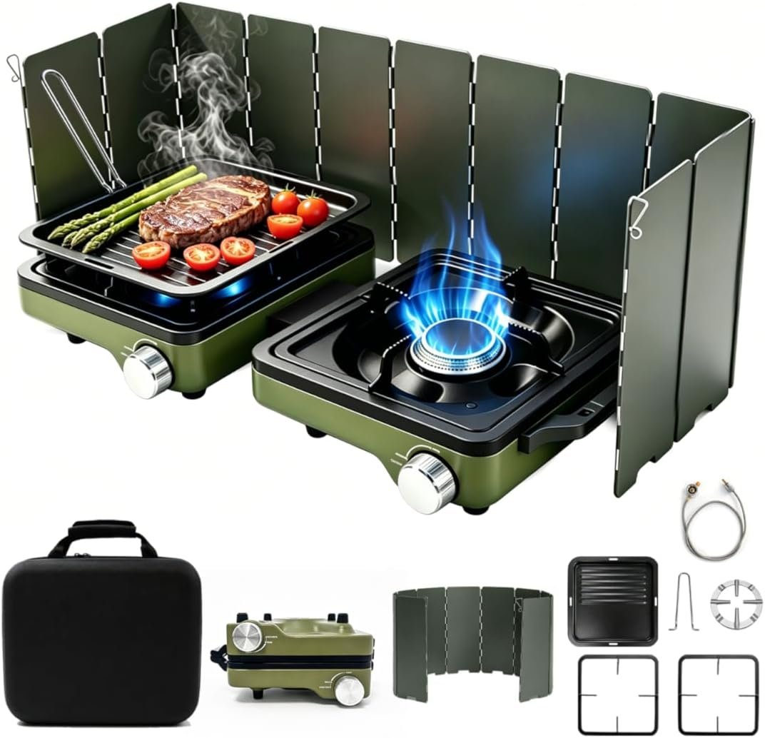 2 Burner Portable Camp Stove, 24000 BTU Propane Camping Stove with Windshield, Folding Gas Stove with Carry Bag, Compact Camping Essentials Gear for BBQ, Picnic, Outdoor Cooking, Grilling, Green