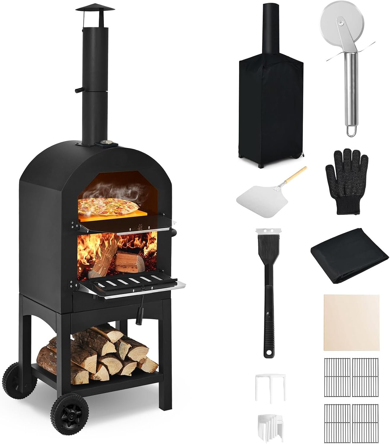 Happygrill Outdoor Pizza Oven Wood Fired with Wheels & Built-in Thermometer | Portable Pizza Maker Grill with Stone, Peel, Cooking Grids, Waterproof Cover for Barbecue Backyard Camping