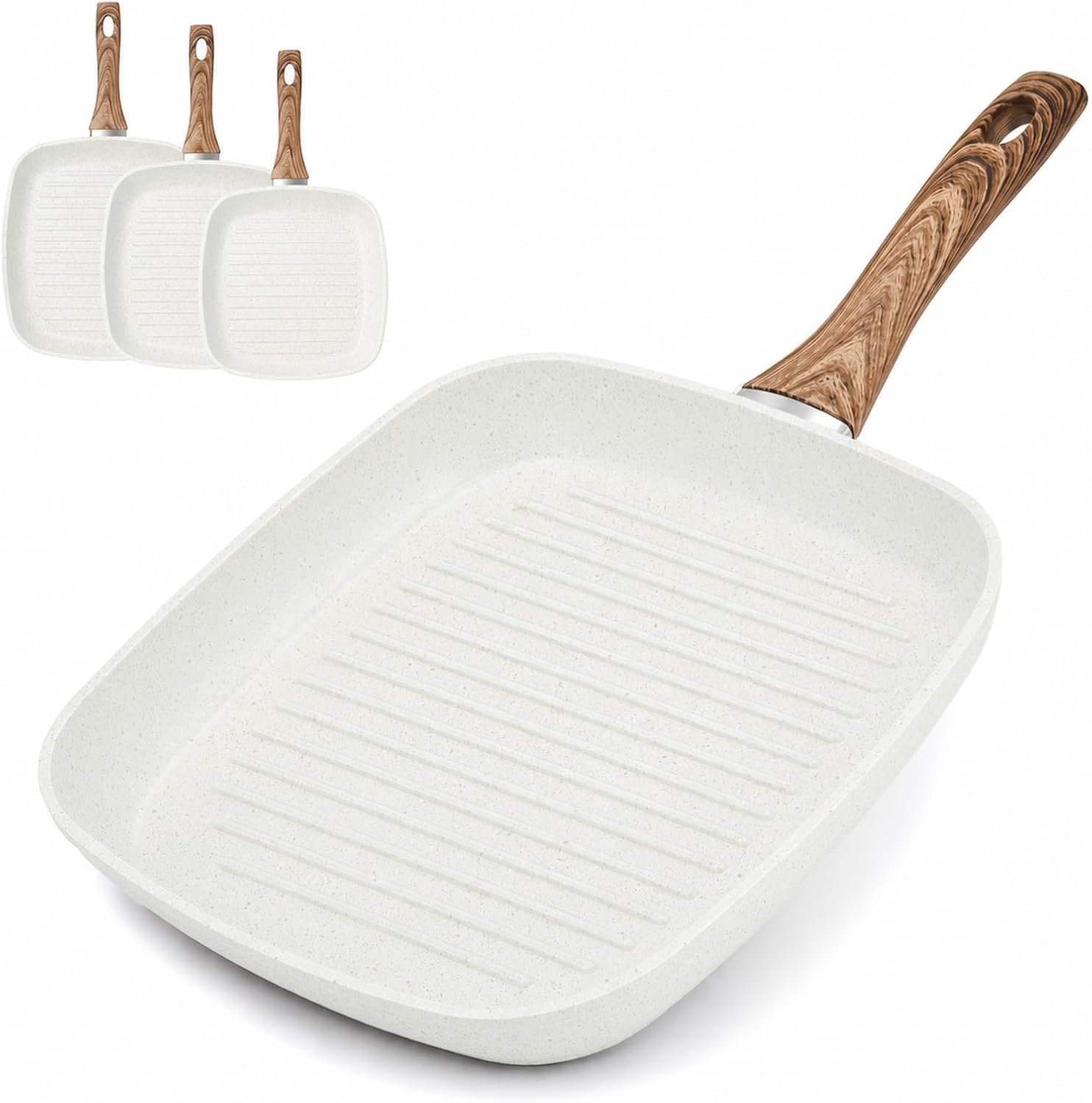 OLIXIS 3 Pcs Nonstick Grill Pan for Stove Tops, Square Griddle Pan Set Compatible with All Stovetops (9.5″ 10″ 11″) Light White