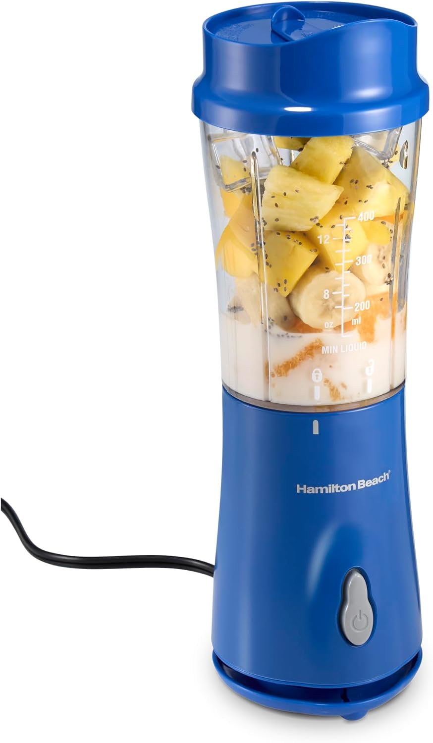 Hamilton Beach Portable Blender for Smoothies With 14 oz. Travel Jar | BPA Free Jar & Lid | Durable Stainless Steel Blades | 300 Watts Peak Power | Personal Smoothie Blender | Blue | 51132G