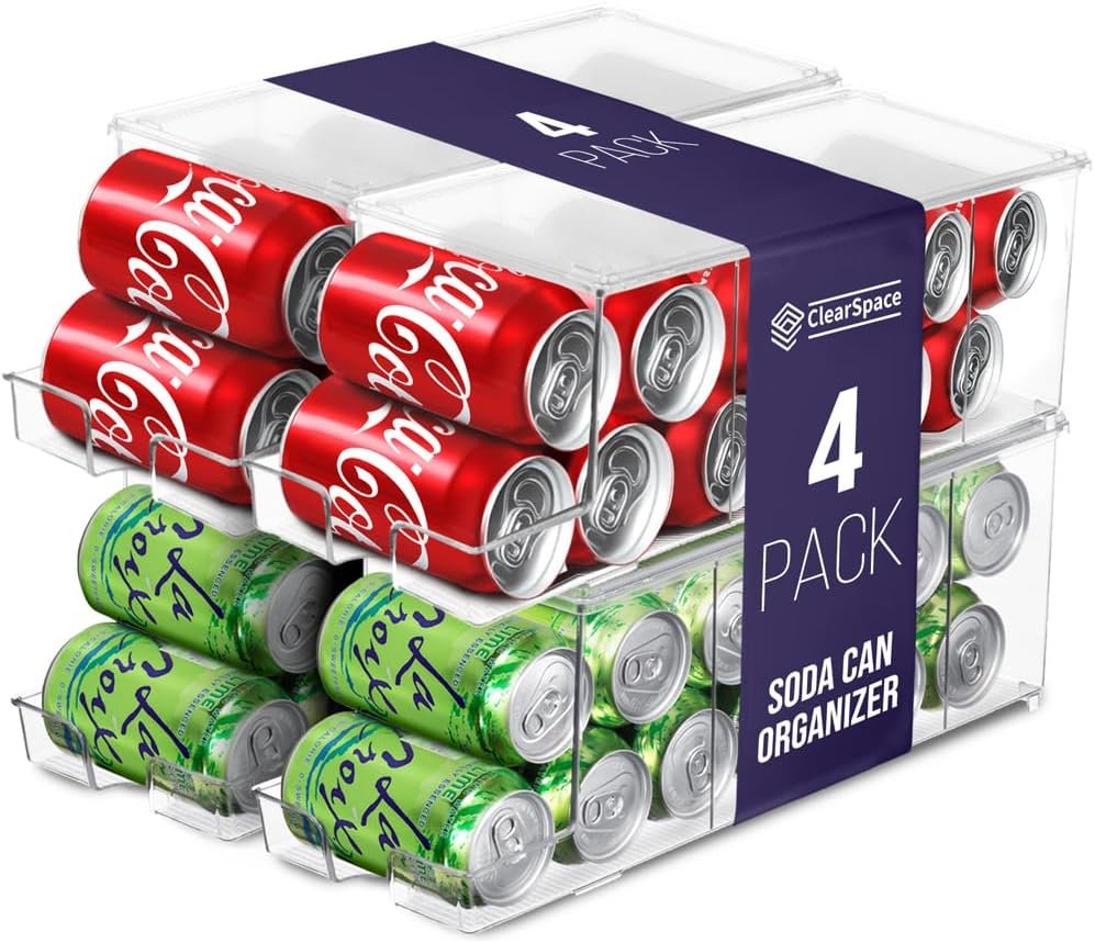 ClearSpace Soda Can Organizer Dispenser for Refrigerator, 12 Can, 4 Pack | Stackable soda can organizer holds 12 cans each and keeps beverages neatly stored in refrigerators while saving shelf space