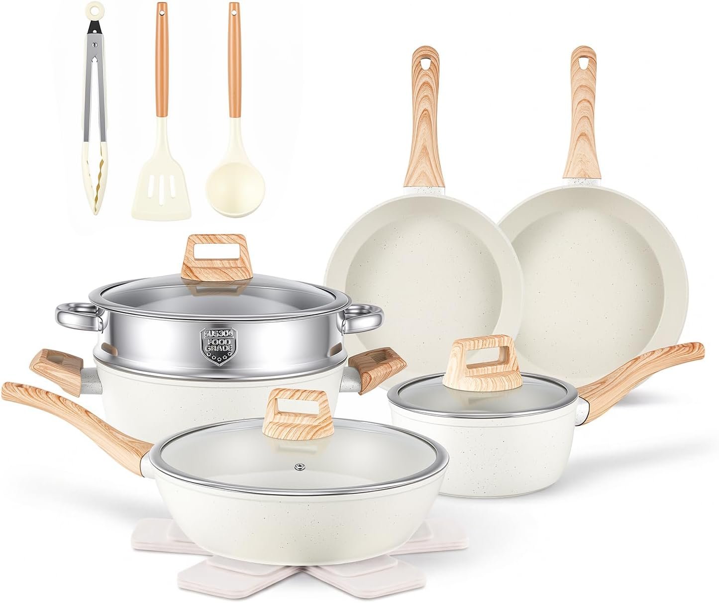 16PCS Pots and Pans Set Non Stick Cookware JueGo De Ollas Para Cocina | Beautiful Great Value Food Cooks Evenly Cleans Easily With Frying Pan