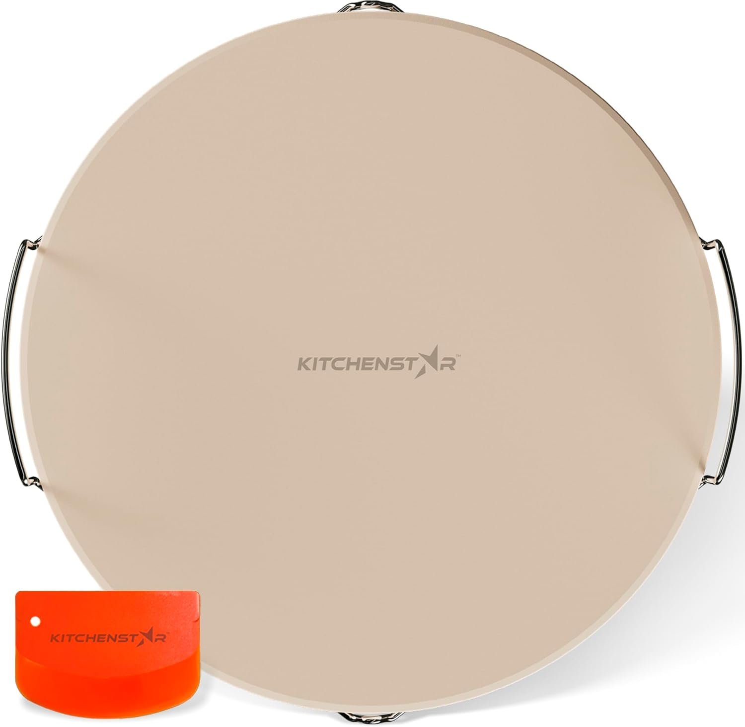 16-inch Pizza Stone for Oven and BBQ Grill with Handles, Round, 5/8″ Thick – Natural Cordierite, 1800 °F Resistant, Baking Stone Set with Stainless Steel Rack & Plastic Scraper Tool