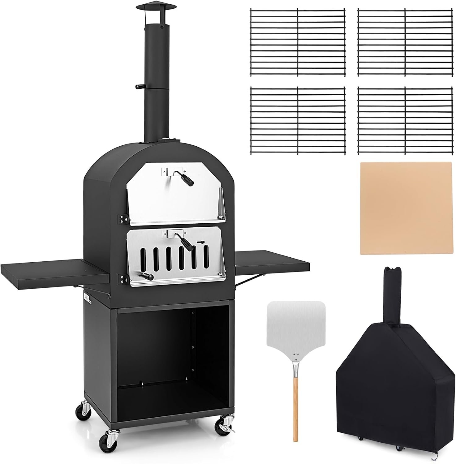 Outdoor Pizza Oven, Wood Fired Pizza Maker with Side Shelves, Cooking Grids, Cover, Pizza Stone & Peel, Patio Portable Pizza Stove for Backyard, Camping & Party, Black