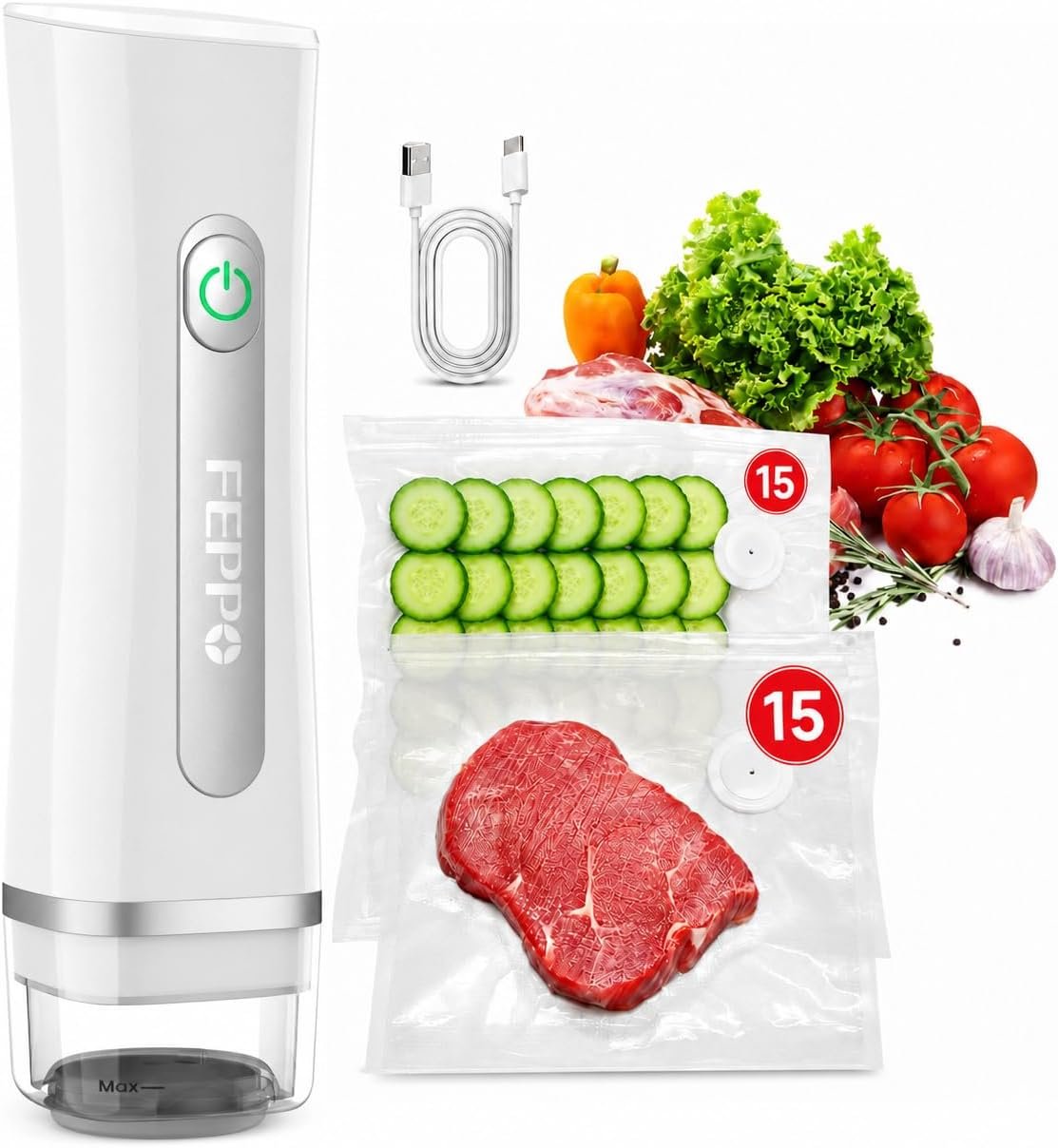 FEPPO Vacuum Sealer for Food with Visible Water Tank, Handheld Saver Compact Vacuum Sealer Machine with 30 Reusable Bags for 6X Preservation & Fresh, White