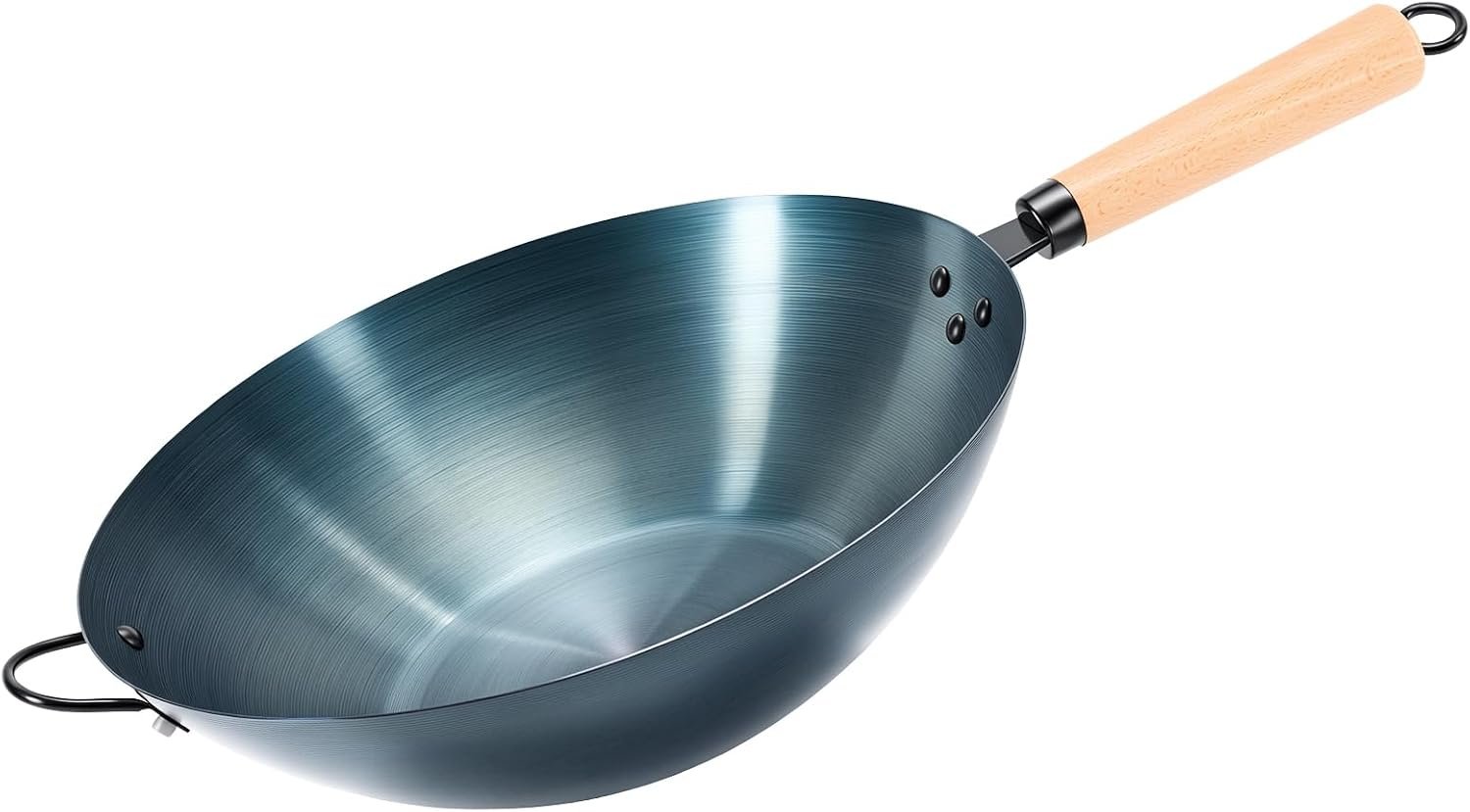 NEWBULIG 13.5″ Carbon Steel Wok Pan, Pre-Seasoned Flat Bottom Wok for Stir Fry, BBQ, Grill & Camping, Compatible with Induction, Electric, Gas and Open Fire, Blue