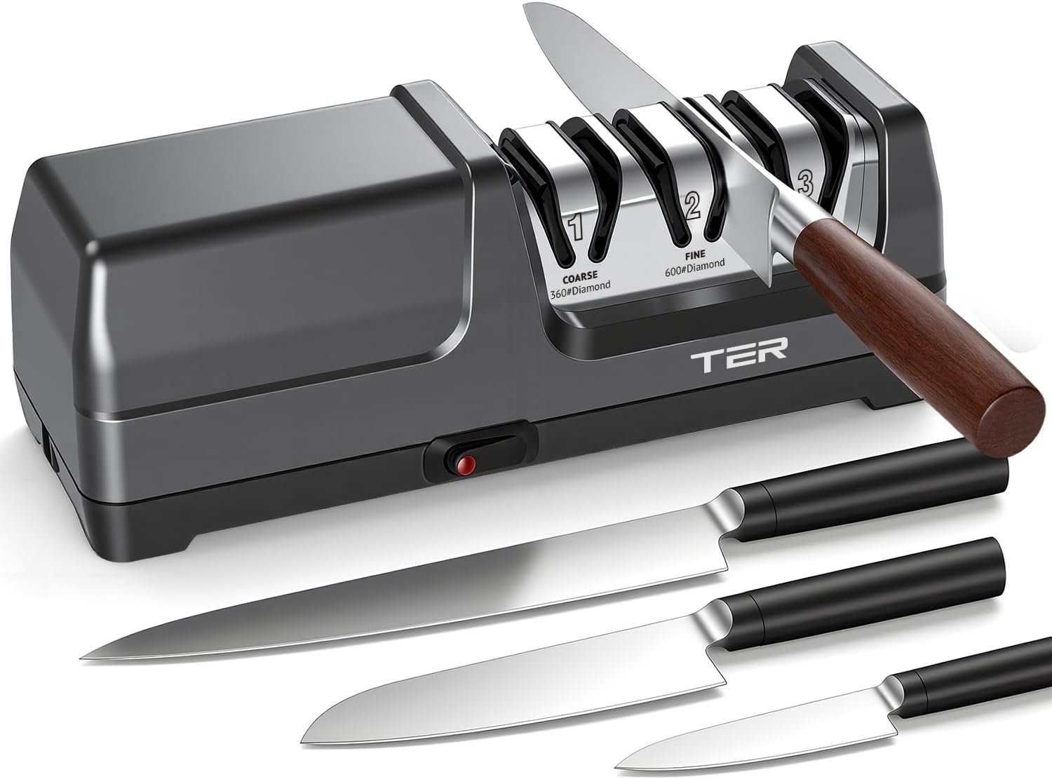 Professional Electric 3 Stage Diamond Kitchen Knife Sharpener, Black | 40s Fast Auto Sharpening & Polish, Professional Repair for Straight Edge & Serrated Bread Knives, Easy to Use for Beginners