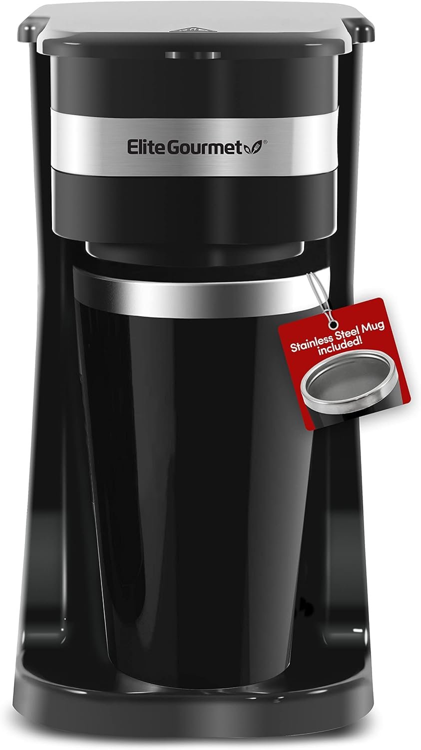 Elite Gourmet EHC114 Personal Single-Serve Compact Coffee Maker, Black | Includes 14oz stainless steel interior thermal travel mug, reusable filter – compatible with coffee grounds