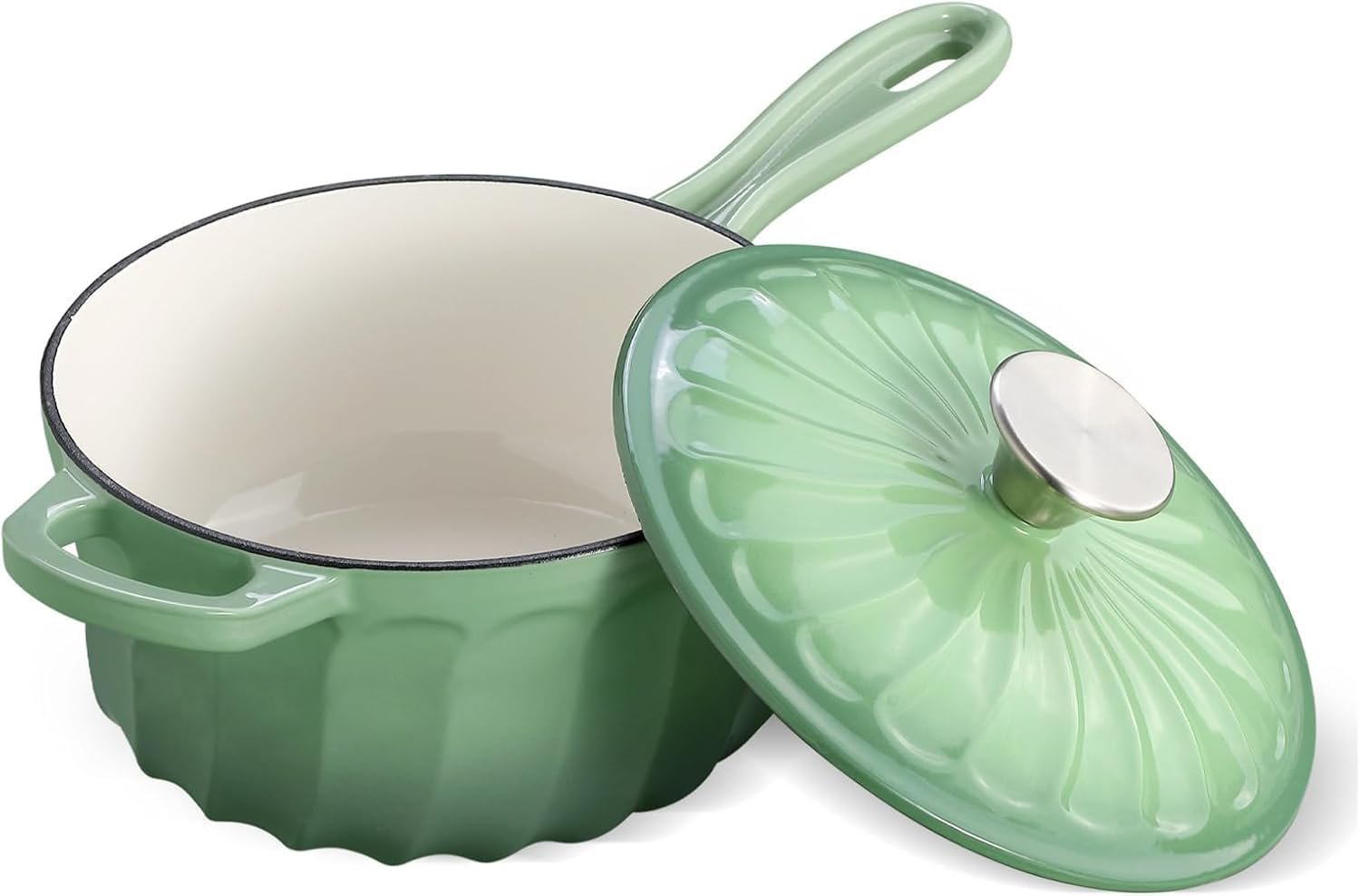 1 Quart Saucepan with Lid, Enameled Cast Iron Sauce Pan, Heavy Duty Small Pots for Cooking Pasta Sauce, Soup, Milk, Oven Safe up to 500°F (Fig Green)