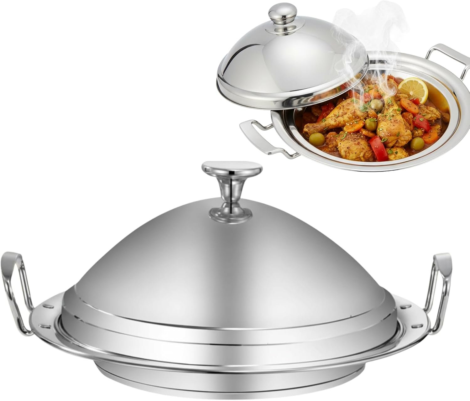 Stainless Steel Moroccan Tagine Pot, Large Moroccan Tajine Casserole with Cone-Shaped Lid, 11″ Tagine Cooking Pot with 2 Handles