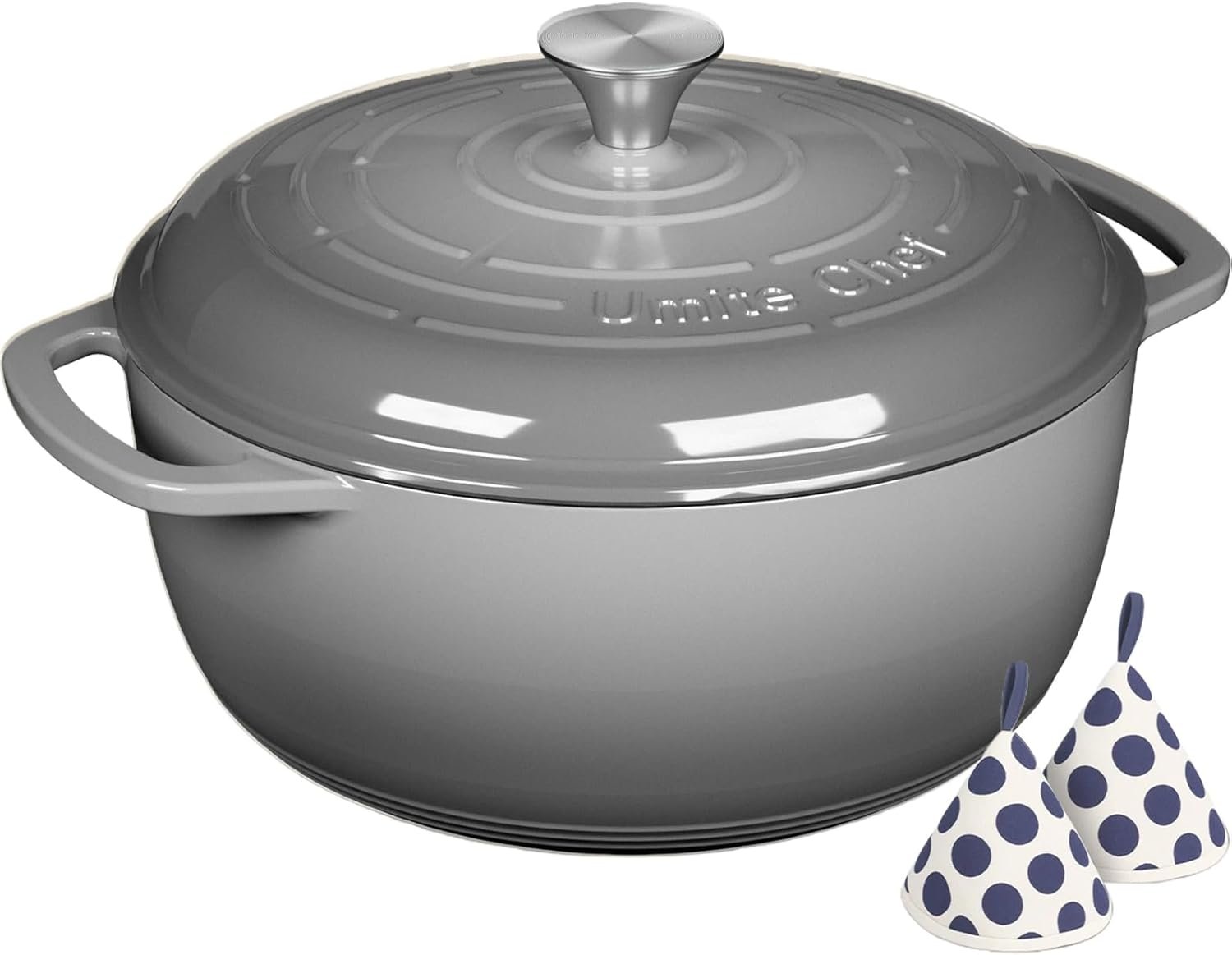 Enameled Cast Iron Dutch Oven – Umite Chef 6QT Pot with Lid & Cotton Potholders – Dual Handles -Versatile Heavy Duty Cookware for Bread Baking, Braising, Stews, Roasting(Grey）