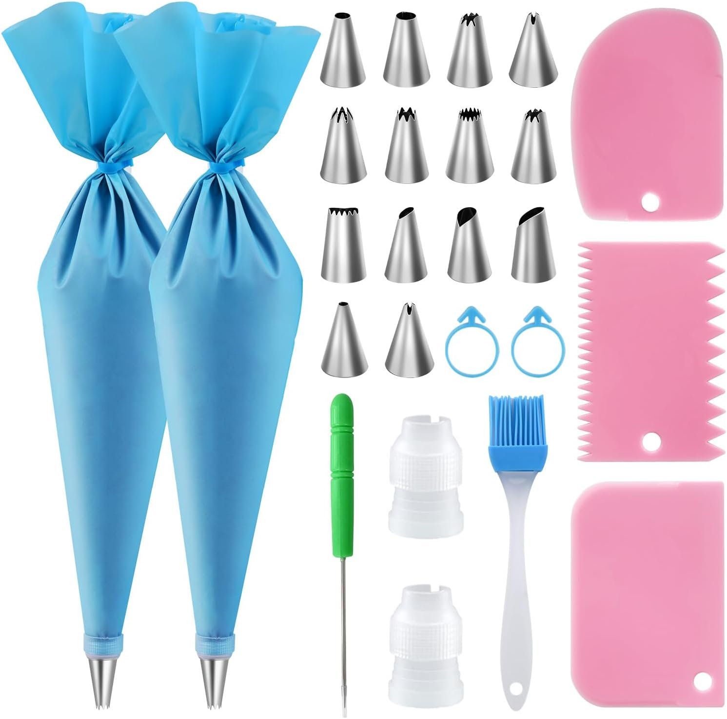 firstake Piping Bags and Tips Set, 16 inch Silicone Pastry Bags 14 Tips | Food Grade Silicone, Anti-Burst Thickened, Easy Clean, Reusable, Cake Decorating Kit for Beginners, for Birthday Cake Cookies