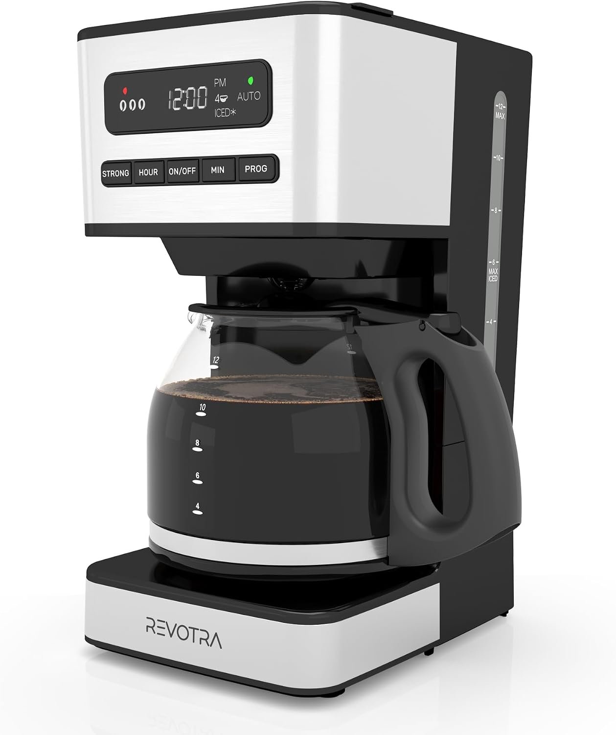 REVOTRA 12 Cup Programmable Coffee Maker, Hot and Iced Drip Coffee Makers | Regular & Strong Brew Drip Coffee Machine, 1-4 Cup, 24H Timer, Auto Shut-Off, Keep Warm, Pause & Serve