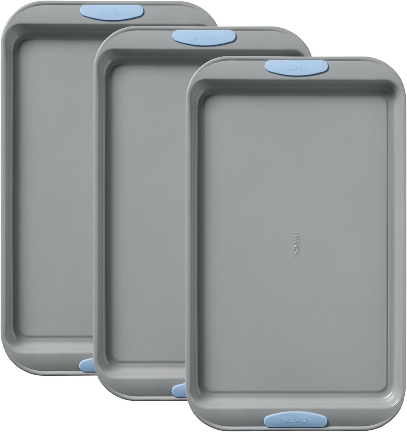 Pyrex 3-Piece Metal Cookie Sheet Bakeware Set, Cerulean | Lightweight stainless steel baking trays with heatsafe silicone handles, made without PFAS, mercury, lead, cadmium & BPA