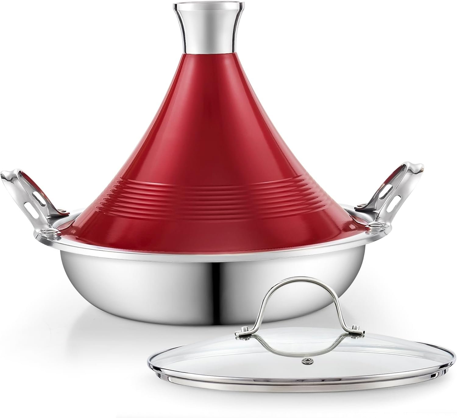 Cooks Standard Multi-ply Clad Stainless Steel Moroccan Tagine Pot 11 Inch 3.6 Qt, Dual Handles, Clay Pot Alternative for Slow Cooking, with Conical Die-Cast Aluminum & Glass Lid, Red