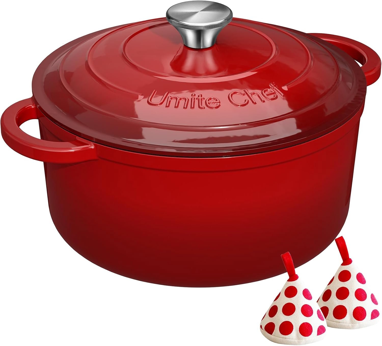 Enameled Cast Iron Dutch Oven – Umite Chef 5QT Pot with Lid & Cotton Potholders – Heavy-Duty Cookware for Bread Baking, Braising, Stews, Roasting(Red)