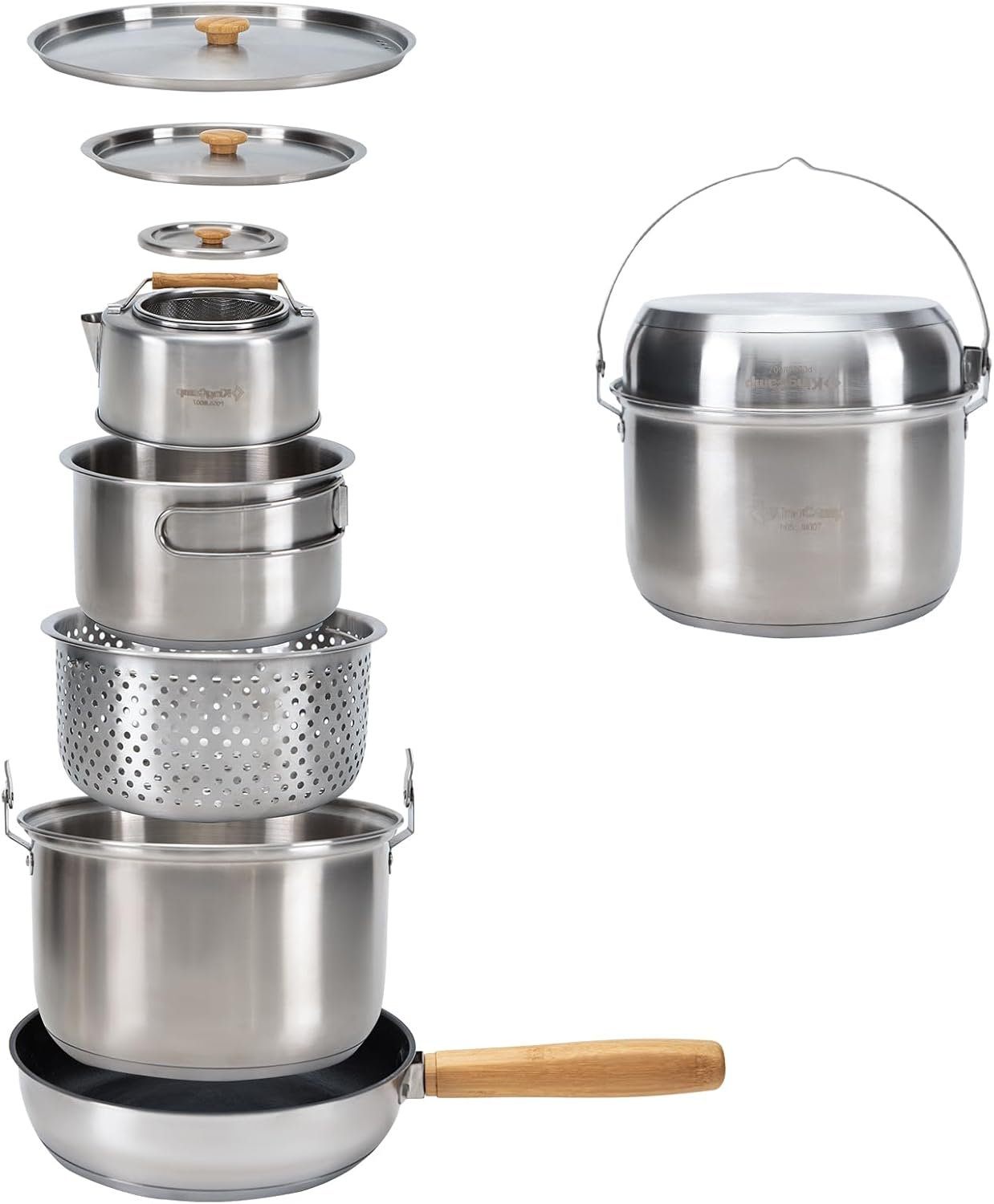KingCamp Camping Cookware Set, 304 Stainless Steel Camping Pot for 4-6 | Portable Stackable Campfire Cooking Pots Pan and Kettle with Travel Tote Bag for Camping Outdoor Kitchen Cooking Picnic
