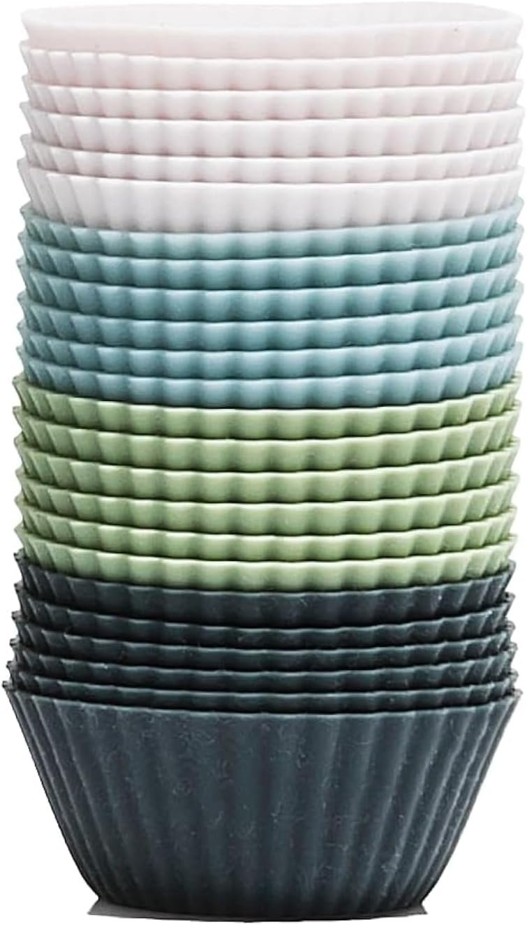 Reusable Mini Silicone Baking Cup, Non-Toxic, BPA Free, Dishwasher Safe, Mini, 24 Pack, White Blue Green