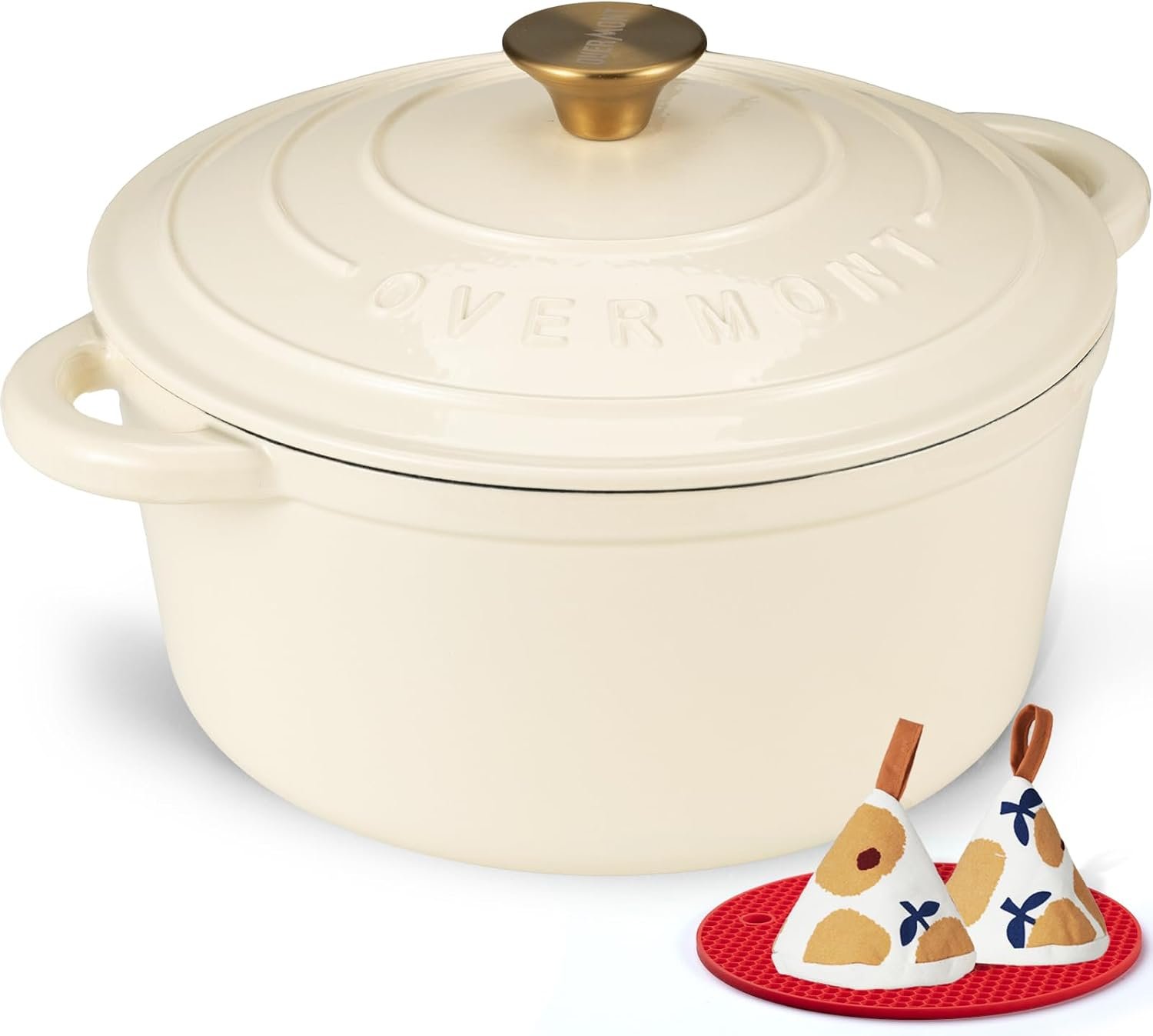 Overmont Enameled Cast Iron Dutch Oven – 7QT Pot with Lid Cookbook & Cotton Potholders – Heavy-Duty Cookware for Braising, Stews, Roasting, Sourdough Baking Cream White