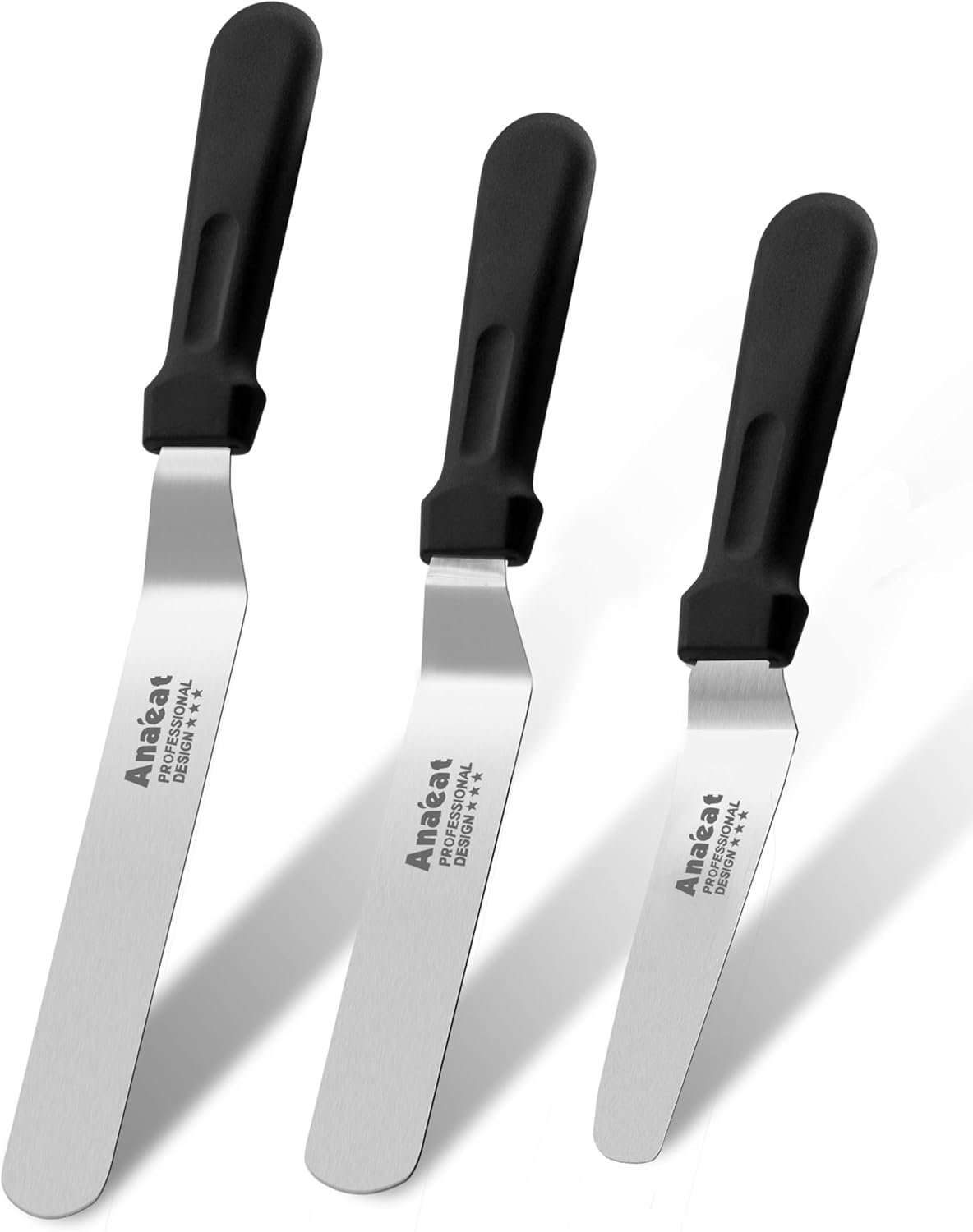 Anaeat Icing Spatulas, Set of 3 Professional Cake Angled Offset Spatula with 4″, 6″, 8″ Stainless Steel Blades – Thickened Frosting Knife with Plastic Handle for Cake Decorating, Pastry & Baking