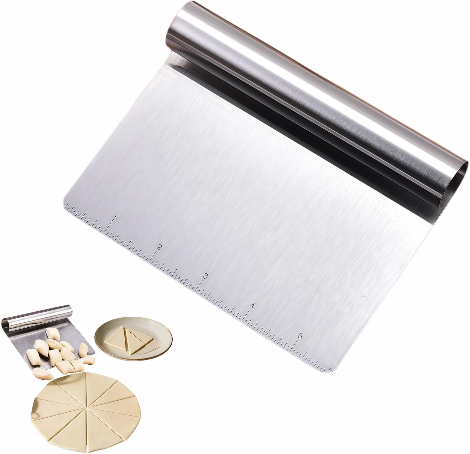 Stainless Steel Dough Scraper with Measuring Scale – Multi-Purpose Kitchen Tool for Baking, Pizza, Grilling, Pastry Cutter & Vegetable Chopper | Ergonomic Handle & Rust-Proof Design