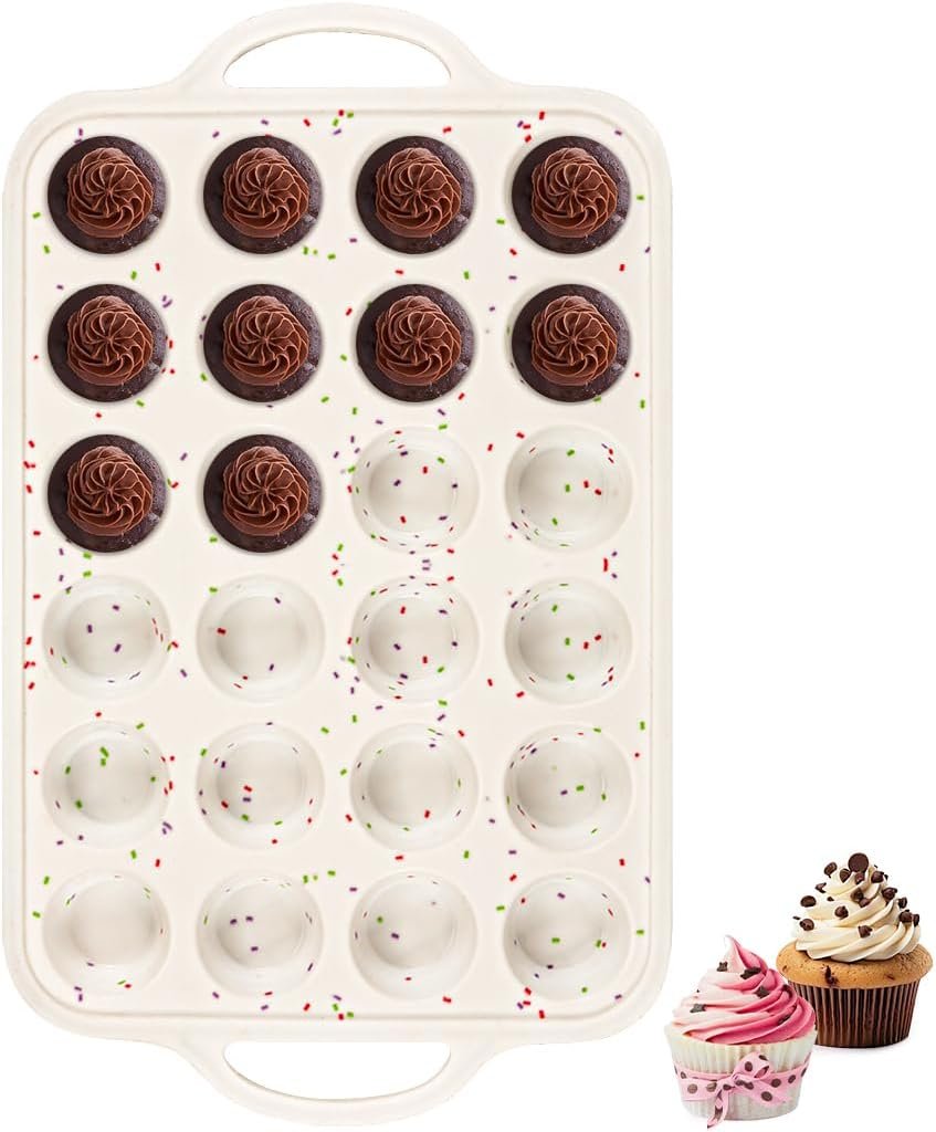 Silicone Mini Muffin Pan With Metal Reinforced Frame – 24 Cups Durable Silicone Cupcake Pan for Muffin, Cupcakes, BPA Free and Dishwasher Safe – 1 Piece Beige with Rainbow Spots