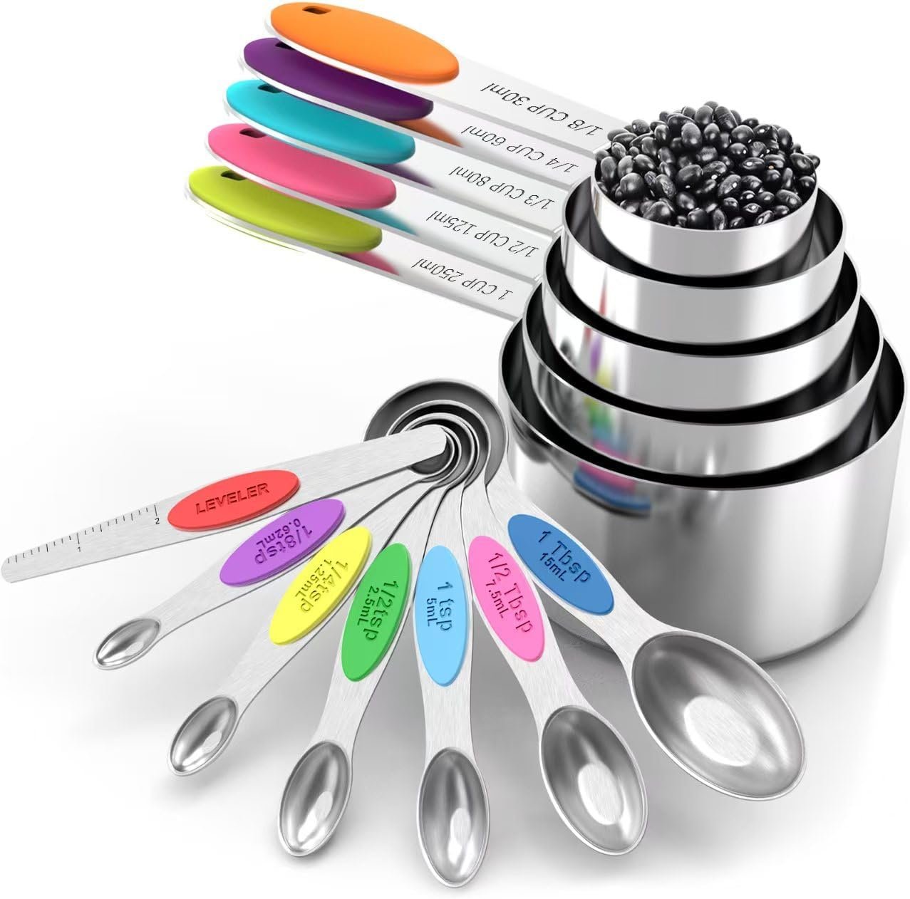 measuring cups and magnetic measuring spoons set, stainless steel measuring cups, 6 double-sided stainless steel measuring spoons & 1 leveler (12)