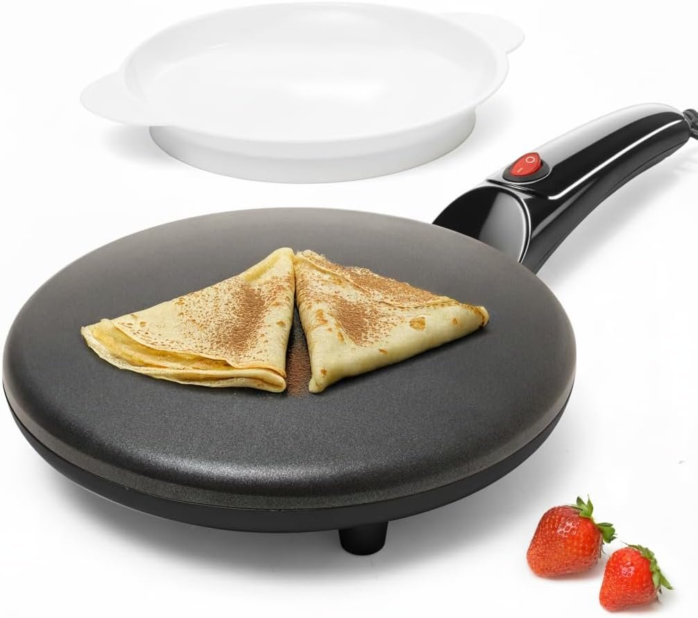 Moss & Stone Black Electric Crepe Maker, 8″ Portable Nonstick Crepe Pan | Nonstick dipping plate, auto shut-off, on/off switch, even heating, automatic temperature control, compact design