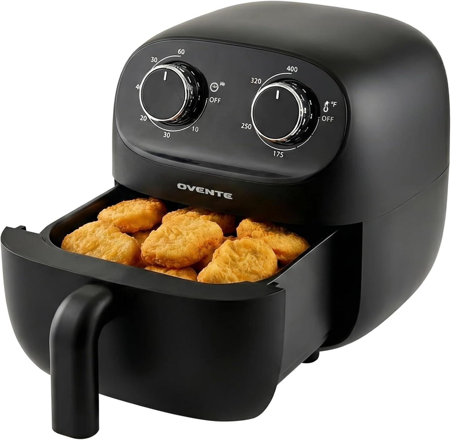 OVENTE 2 Qt Compact Air Fryer for 1–2 People, 900W Power, Black FAM18900B | Oil-Free Fryer w/ Manual Dual Knobs, Adjustable Temperature, 60 Minute Timer, Auto Shutoff & Dishwasher Safe Nonstick Basket