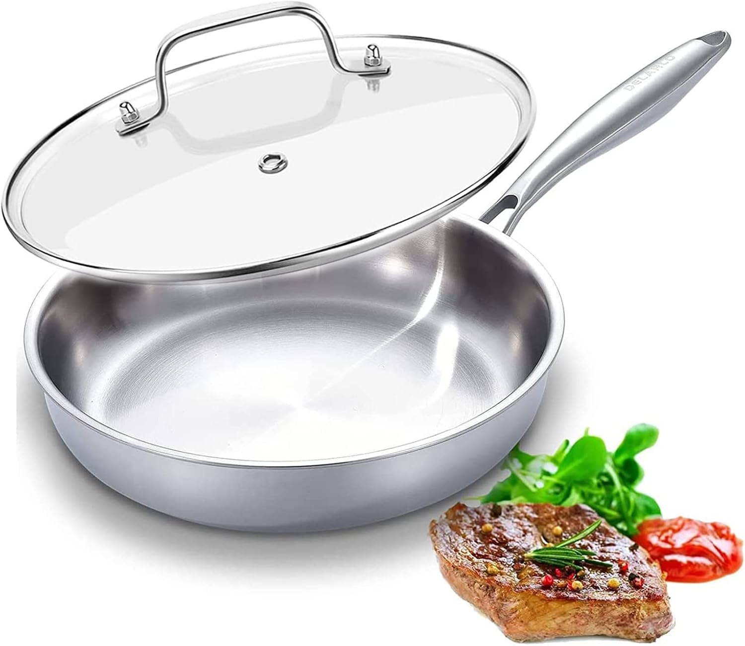 DELARLO Tri-Ply Stainless Steel Pan,18/10, 12″+Lids | Nontoxic Durable Oven Safe 800℉ All Cooktops Compatible Fast Even Heat PFOA Free Large Frying Pan Nontoxic Cookware
