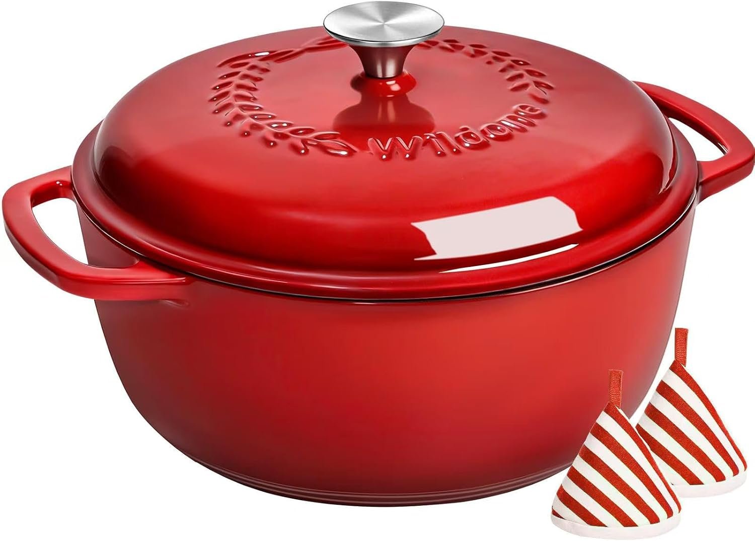 Enameled Cast Iron Dutch Oven – Wildone 6QT Pot with Lid & Cotton Potholders – Oven Safe Enamel Cookware for Bread Baking, Braising, Stews, Roasting, Red