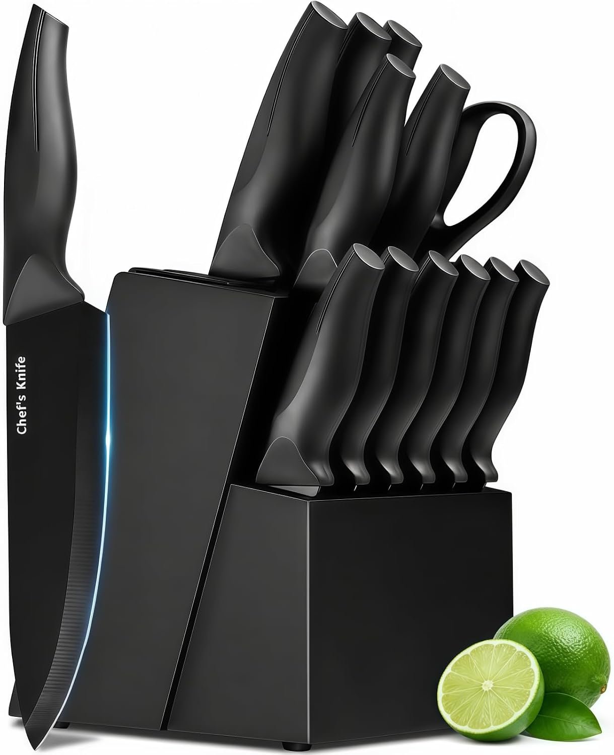 XANAPON Knife Set, 14 Pieces Kitchen Knife Set, High Carbon German Stainless Steel, Dishwasher Safe Cutlery with Built-in Knife Sharpener, Black