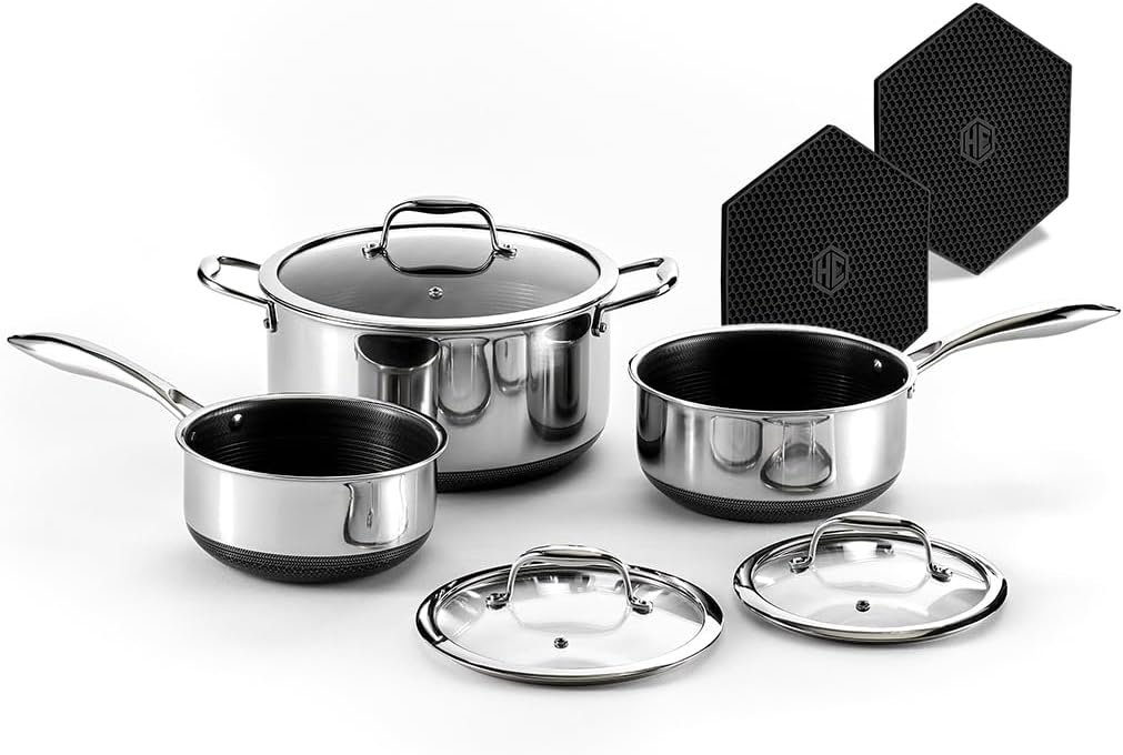 HexClad Hybrid Nonstick 6 Pc Pot Set & Trivets, 2, 3, and 8-Qt Pots & Lids | Stay-Cool Handles, Dishwasher and Oven Safe, Compatible with All Cooktops, Induction REady