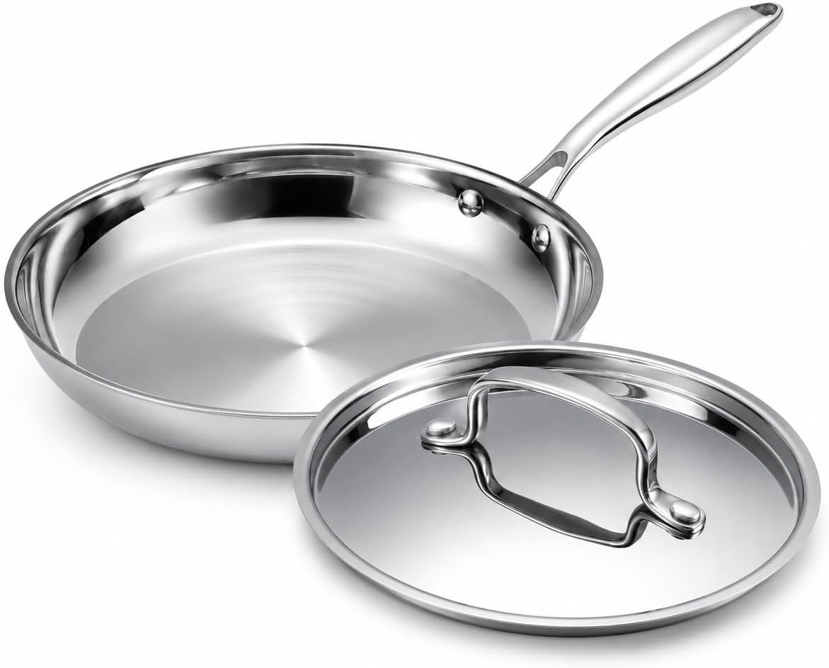 USELUCK Tri-Ply Stainless Steel Frying Pan with Lid, 10 Inch Stainless Steel Skillet, Induction Fry Pan, Non Toxic Stainless Steel Cookware, Oven & Dishwasher Safe, All Cooktops, Silver