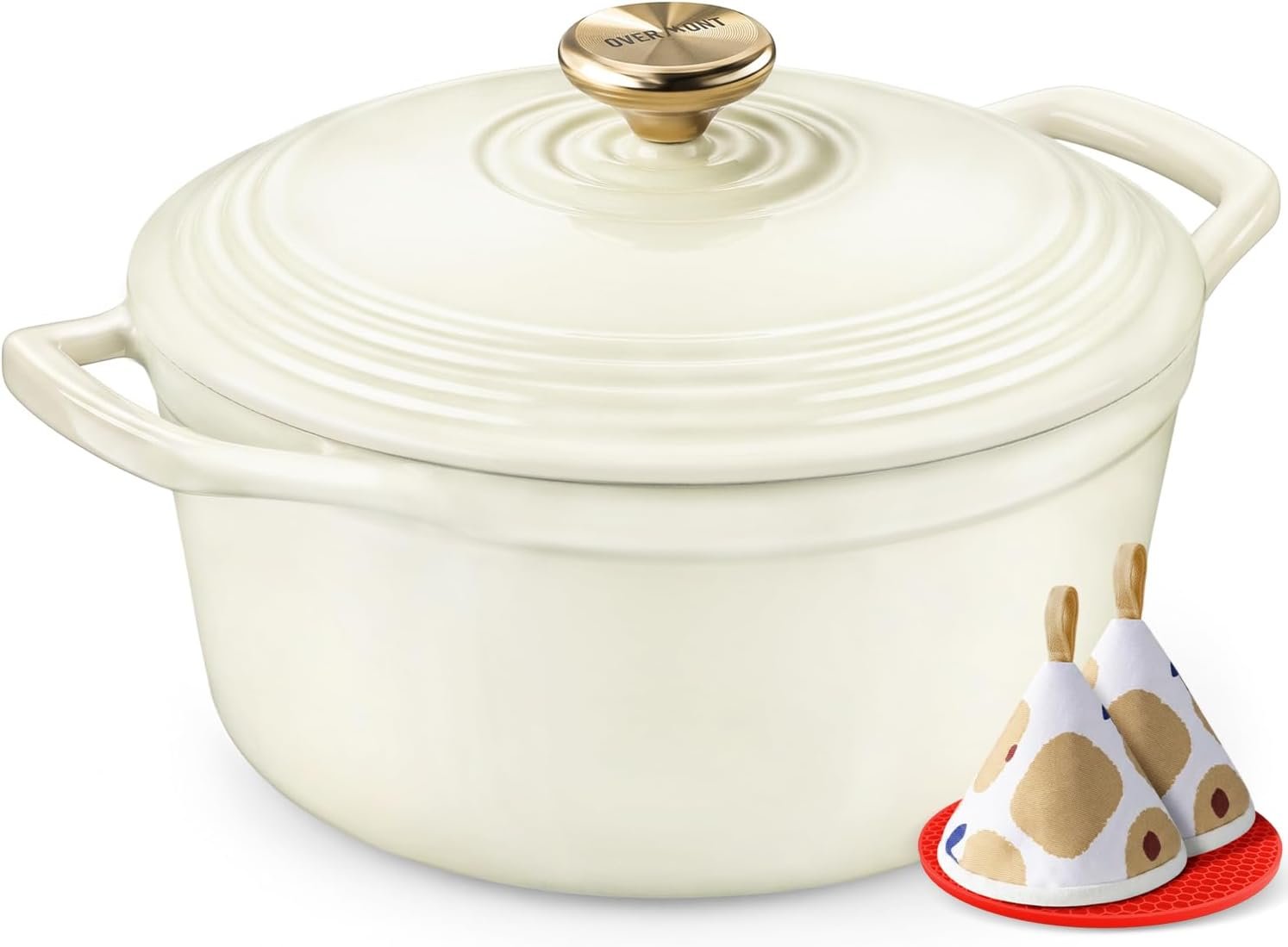 Overmont Enameled Cast Iron Dutch Oven – 5.5QT Pot with Lid Cookbook & Cotton Potholders – Heavy-Duty Cookware for Braising, Stews, Roasting, Sourdough Baking White