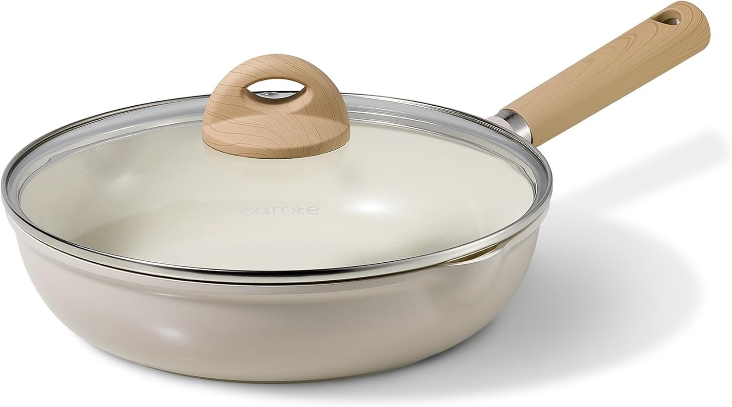 CAROTE 10″ Ceramic Frying Pan with Lid, Non Stick Frying Pan Skillet Chef’s Pan, Healthy & PFOA/PFAS Free, Induction-Compatible, Taupe