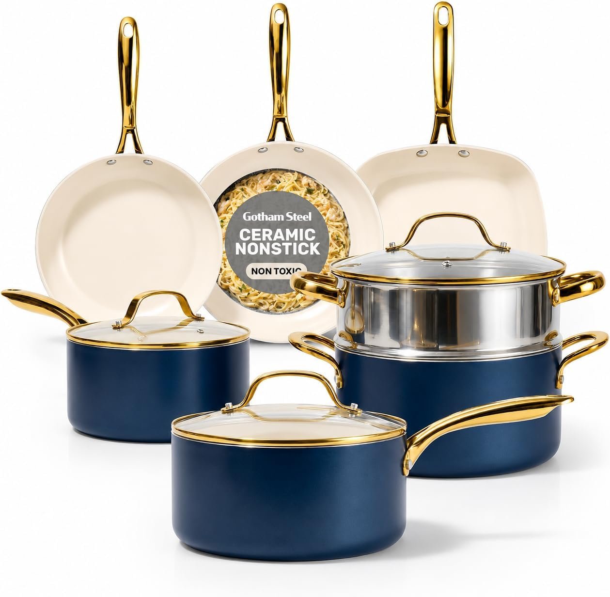 Gotham Steel 12 Pc Pots and Pans Set Non Stick Ceramic Cookware Set | Non Toxic PFOA/PFOS/PTFE Free, Stay Cool Stainless Steel Handles, Dishwasher and Oven Safe, Navy Gold